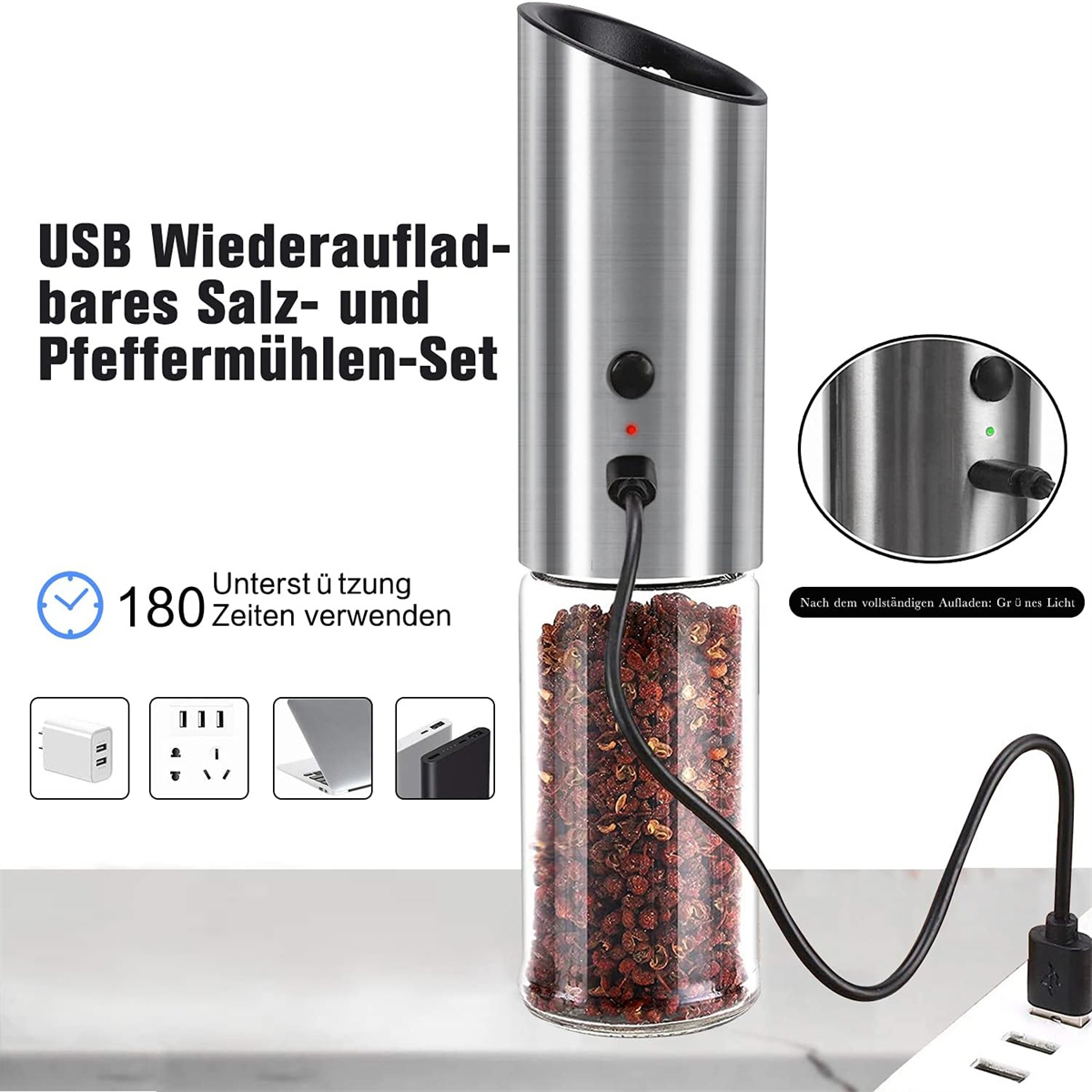 Salz- und Pfeffermühle mit USB-Aufladung und Ansicht der Ladestation.