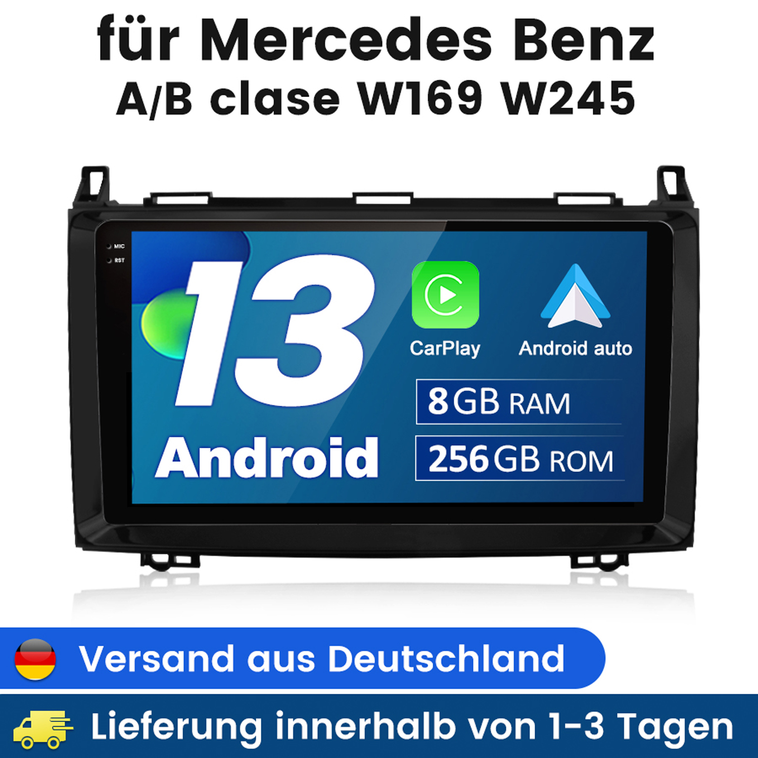 Android-Autoradio-Bildschirm mit CarPlay, RAM, ROM und Lieferinformationen.