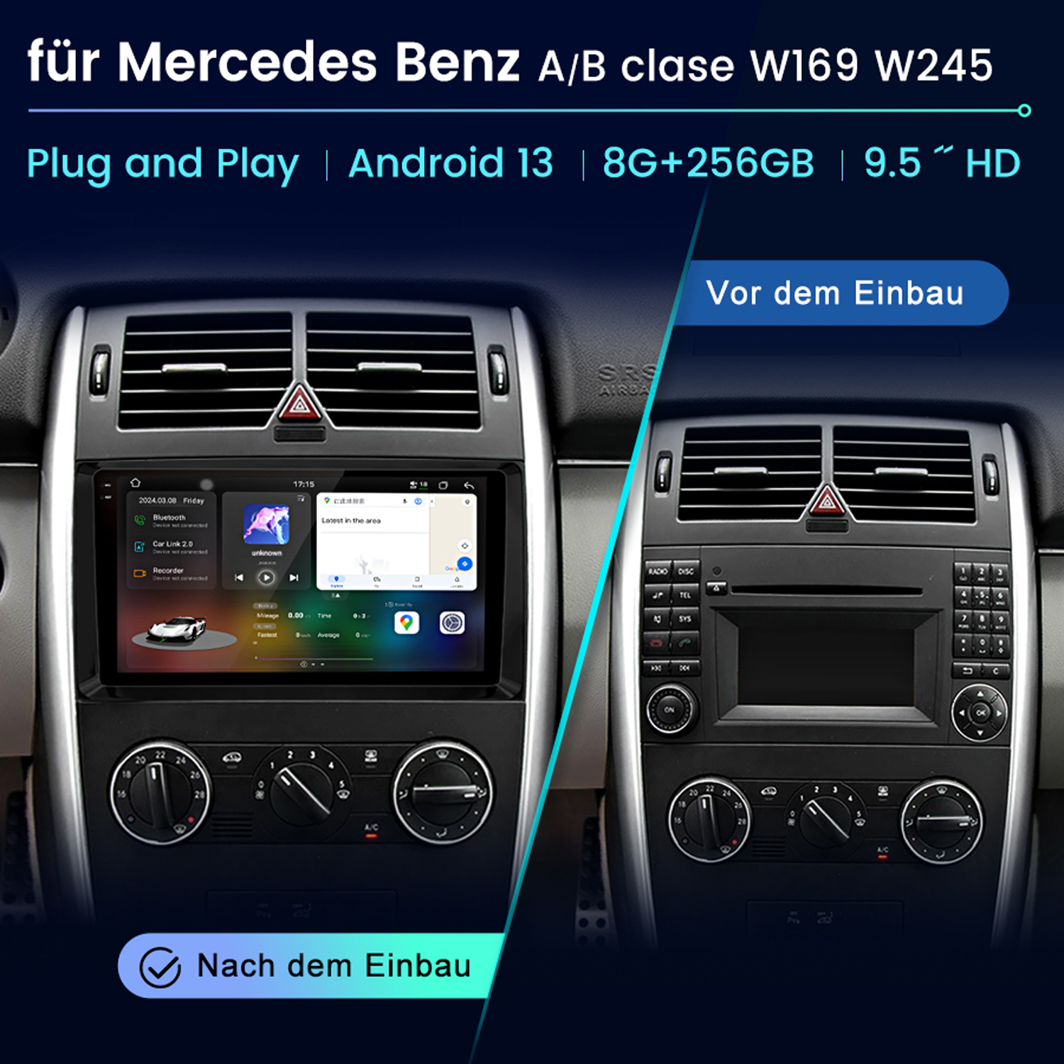 Armaturenbrett eines Autos mit Bildschirm, der Navigations- und Medienoptionen anzeigt, mit Textüberlagerung.