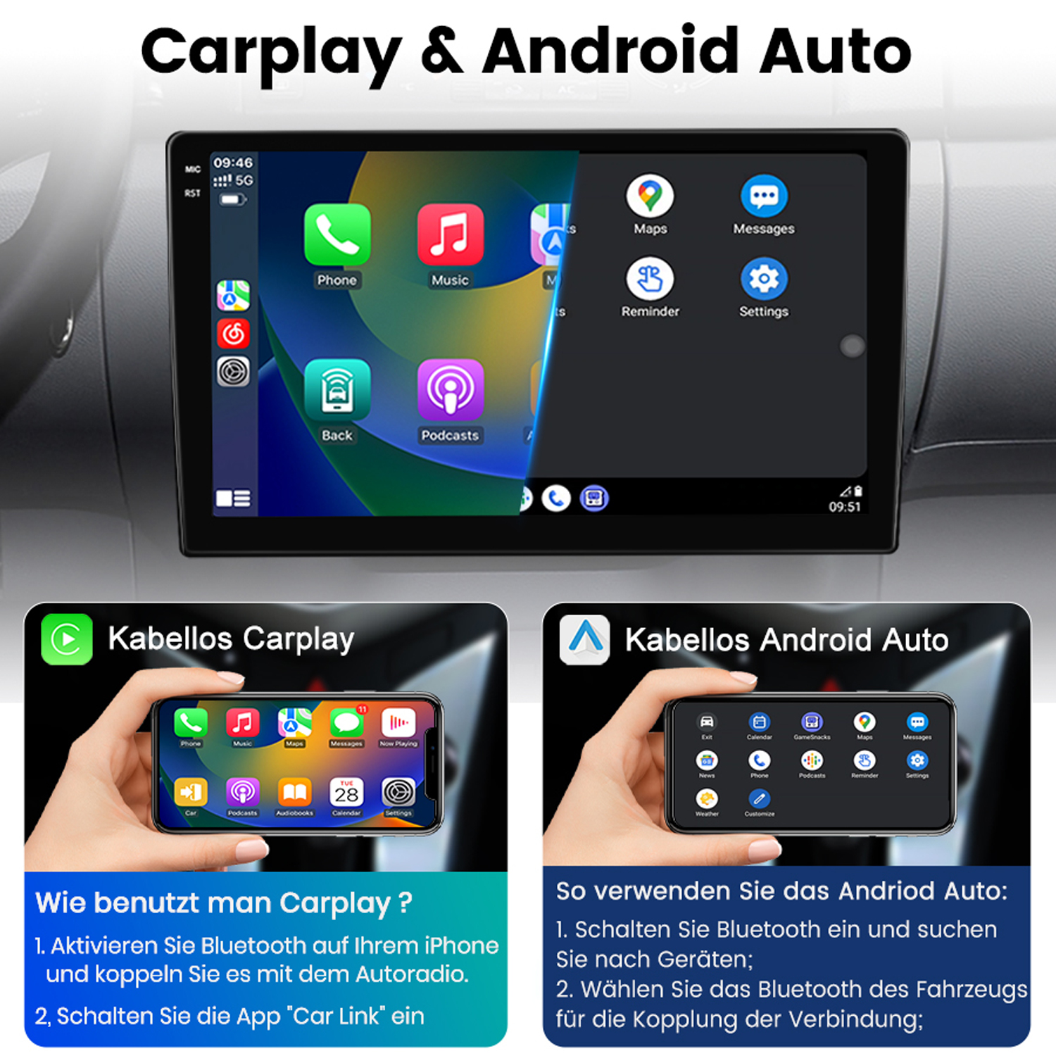 Auto-Infotainment-Bildschirm mit CarPlay- und Android Auto-Funktionen, mit Telefonbeispielen und Anweisungen.