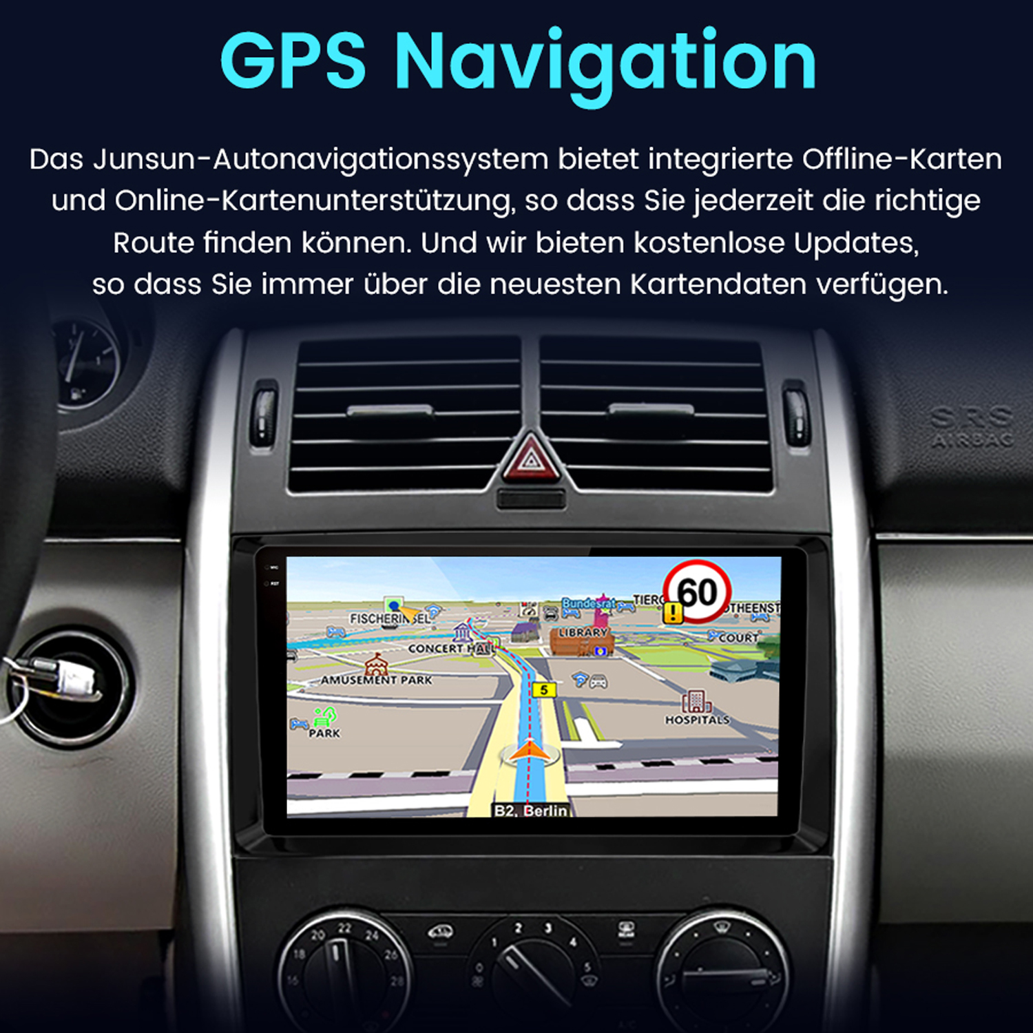 Ein Armaturenbrett mit Bildschirm, der eine GPS-Navigationskarte zeigt.