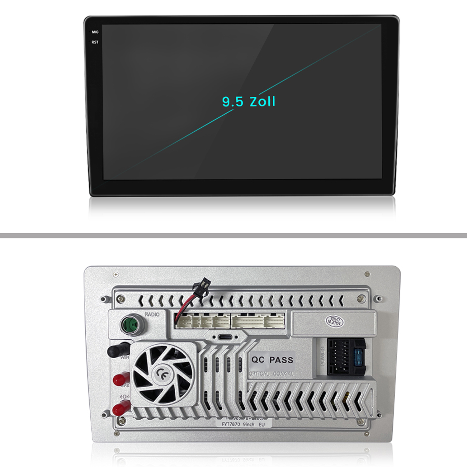 Ein Auto-Multimedia-Bildschirm mit 9,5-Zoll-Display, die Rückseite zeigt die Anschlüsse.
