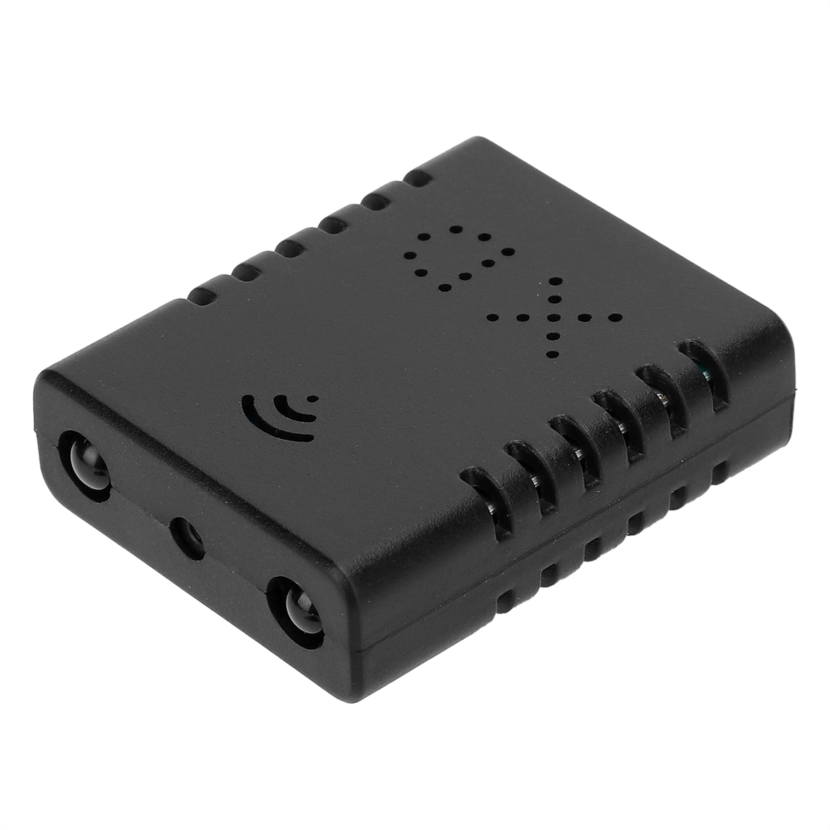 Ein kleines schwarzes Gerät mit Löchern und einem Antennensymbol, wahrscheinlich ein Empfänger oder ein kleines elektronisches Gerät.