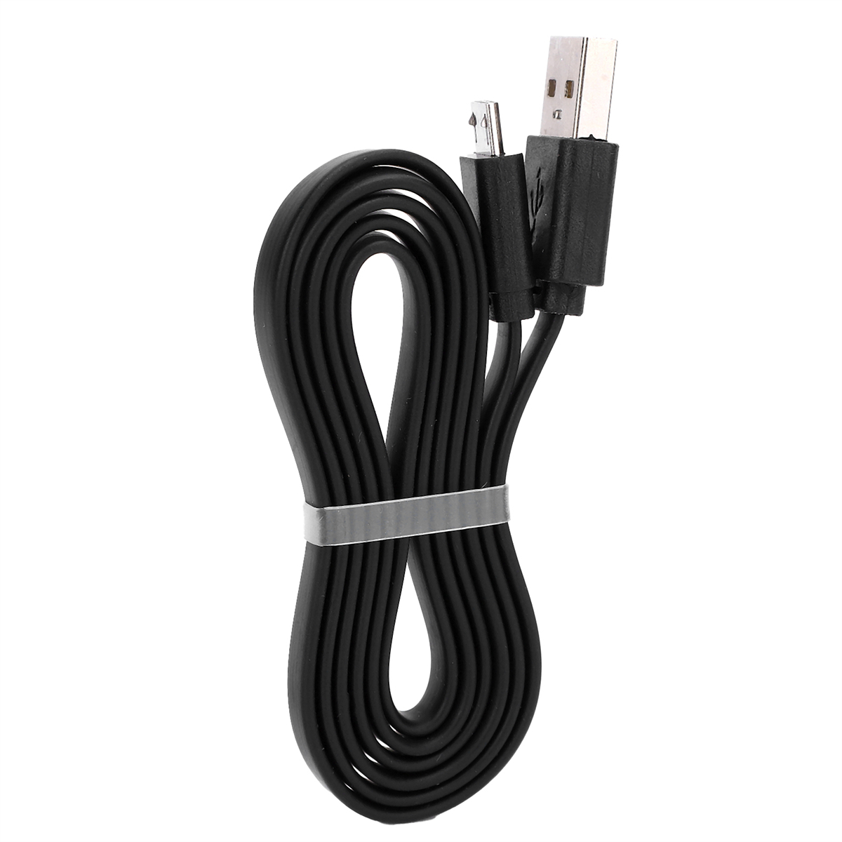 Ein schwarzes USB-Ladekabel, aufgerollt und mit einem Kunststoffclip gesichert, vor weißem Hintergrund.
