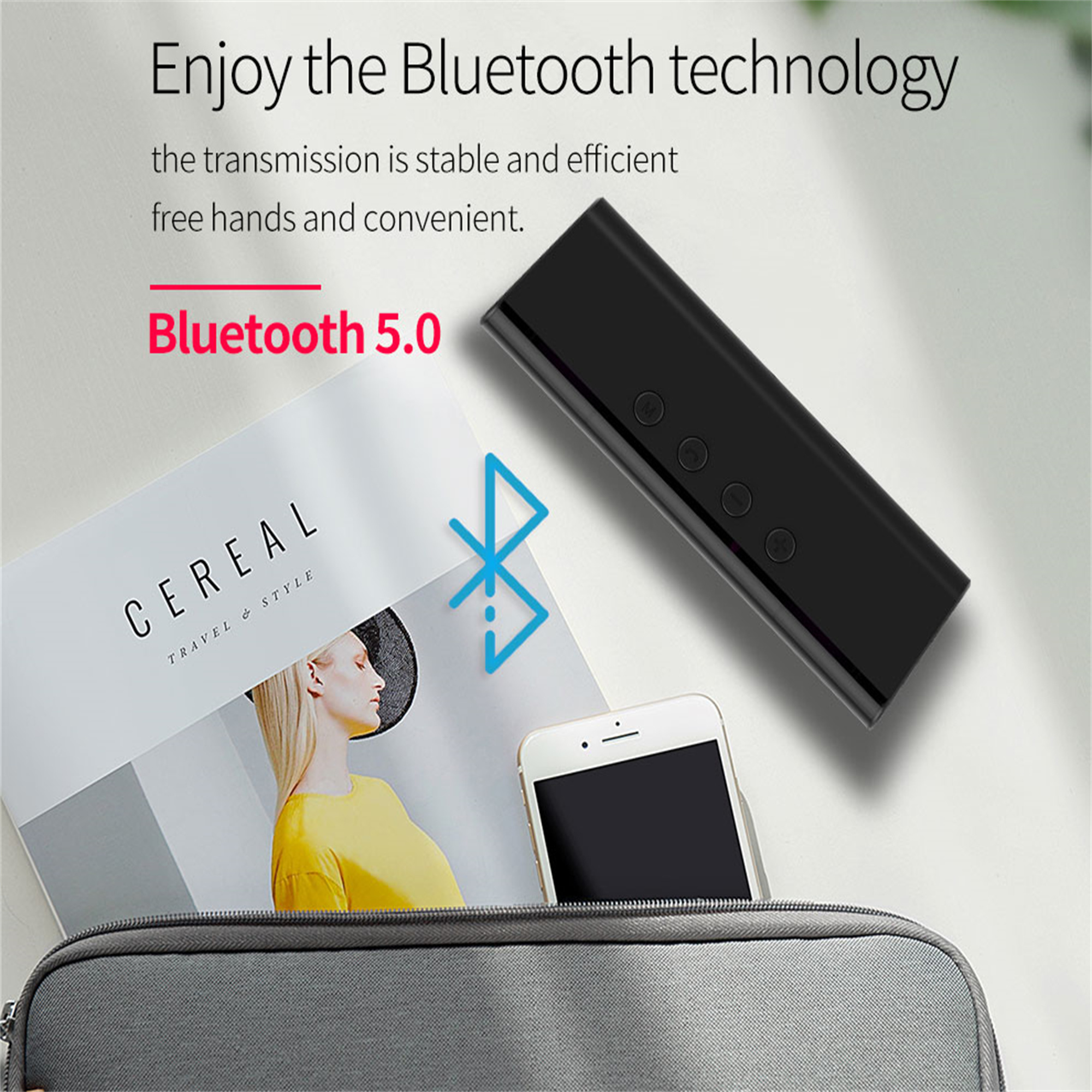 Schwarzes Bluetooth-Gerät, Cereal-Magazin, Smartphone und graue Hülle auf hellem Hintergrund.