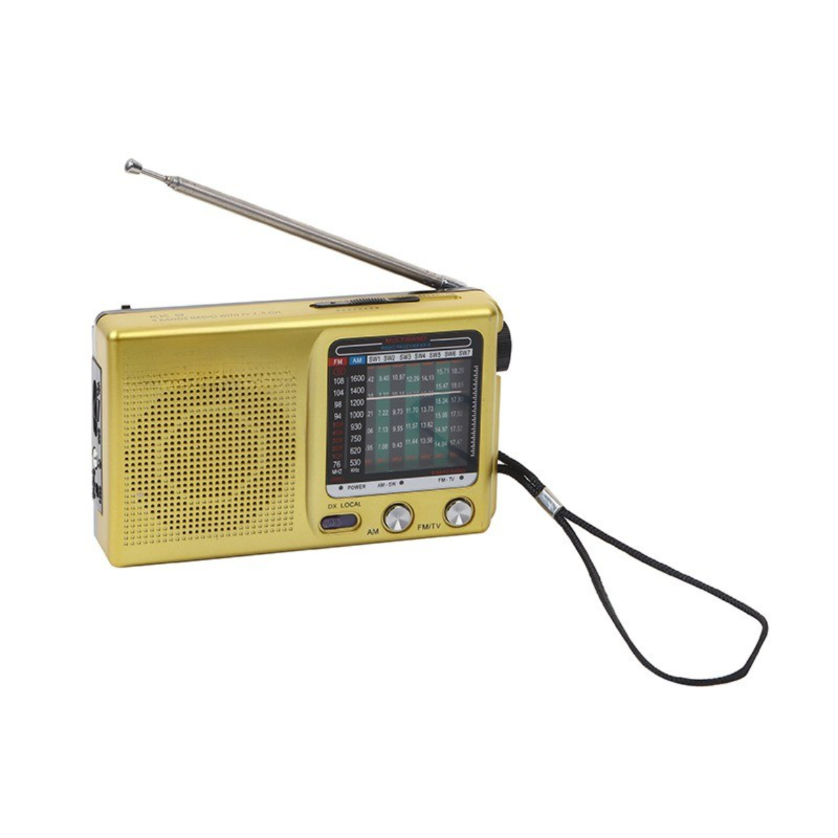 Goldfarbenes tragbares Radio mit Antenne. Es hat ein Display und Knöpfe. Schwarzer Riemen ist befestigt.