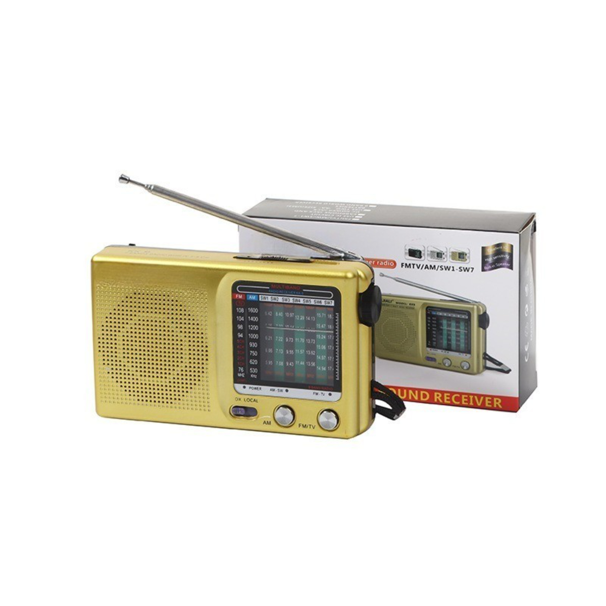 Goldfarbenes Radio mit Antenne und Schachtel mit ähnlichem Radio. Mit AM/FM-Funktion.