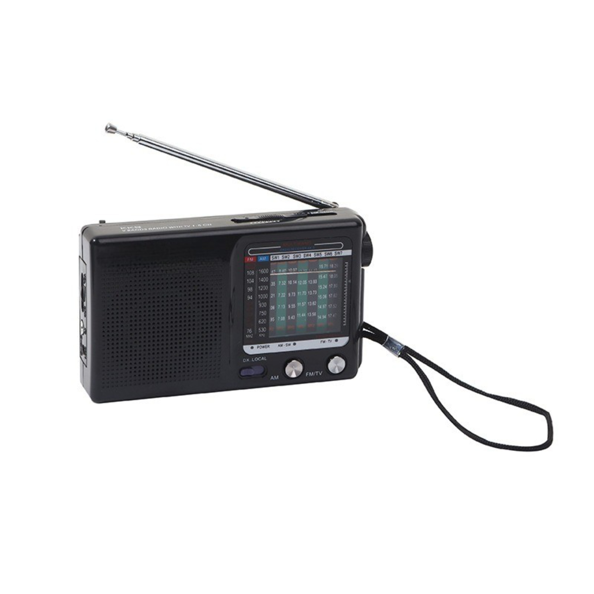 Schwarzes tragbares Radio mit Antenne. Mit Lautsprecher, Drehregler und Tragegurt.