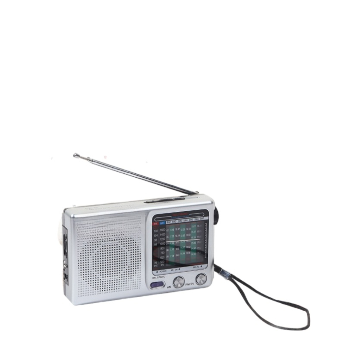 Silbernes tragbares Radio mit ausgefahrener Antenne, das Zifferblatt und den Lautsprecher zeigt.