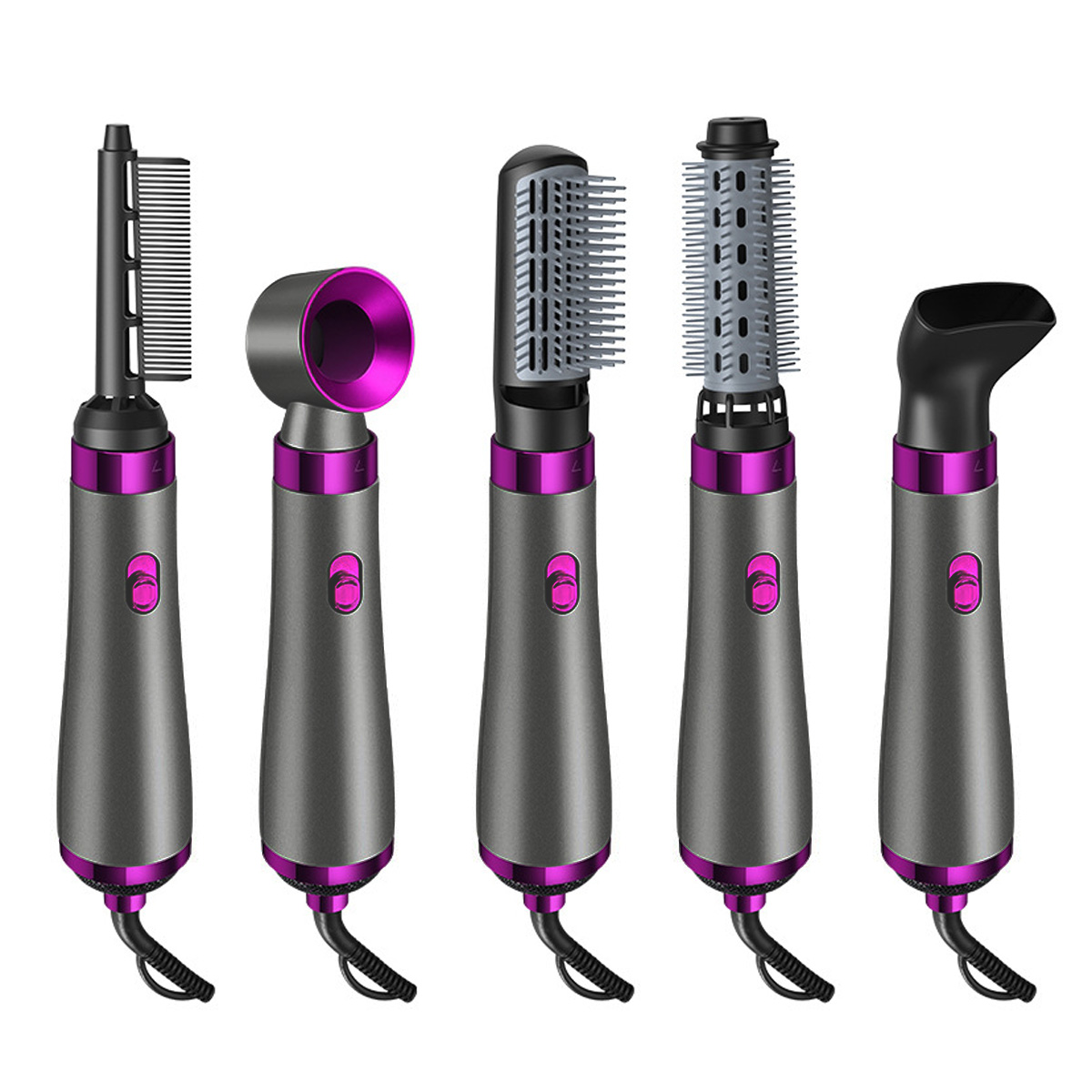 Fünf Haarstyling-Aufsätze in Grau, Lila und Schwarz.