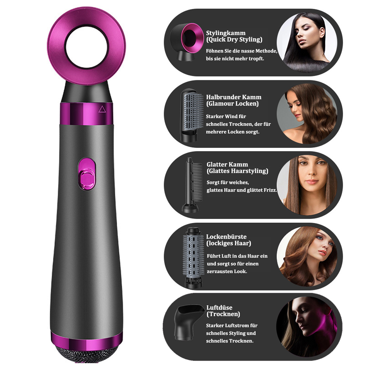 Ein schwarz-violettes Haarstyling-Werkzeug mit verschiedenen Aufsätzen für unterschiedliche Haarstyling-Methoden.