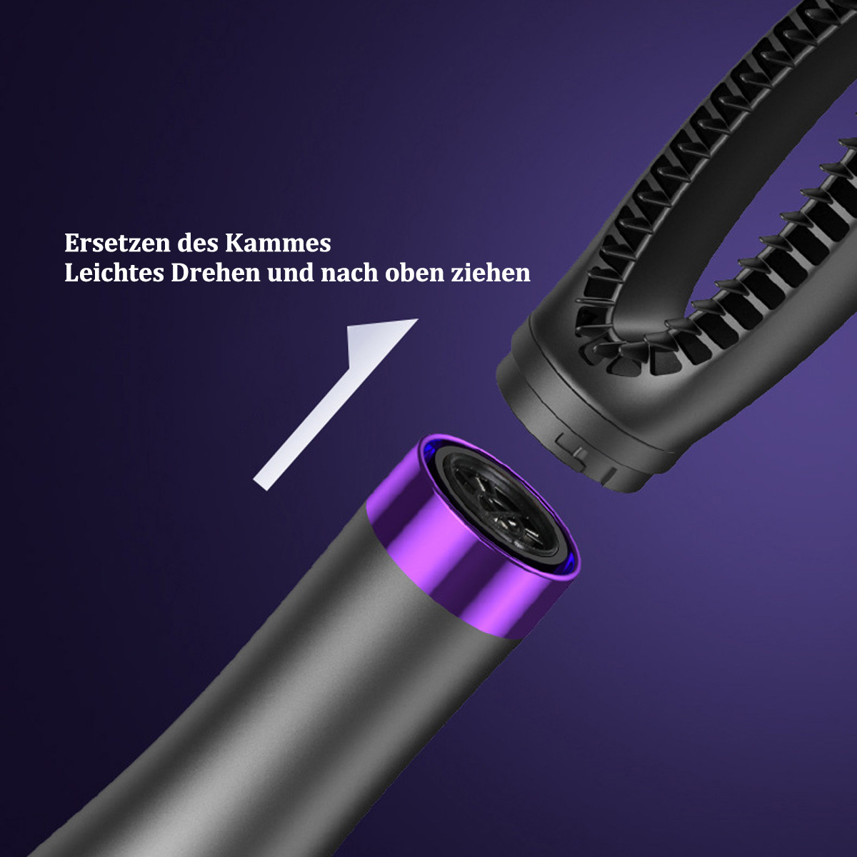 Haartrockner mit lila Ring. Der Kopf des Trockners wird ausgetauscht.