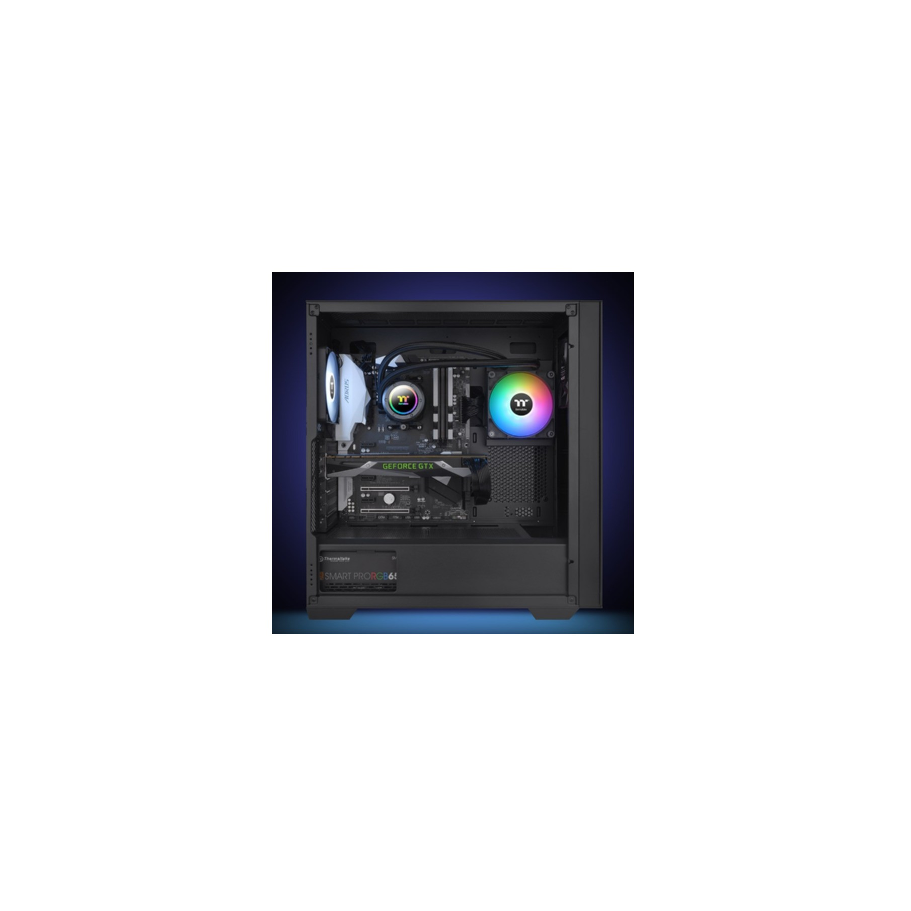 Dentro de una caja de ordenador con ventiladores coloridos y componentes, fondo azul oscuro.