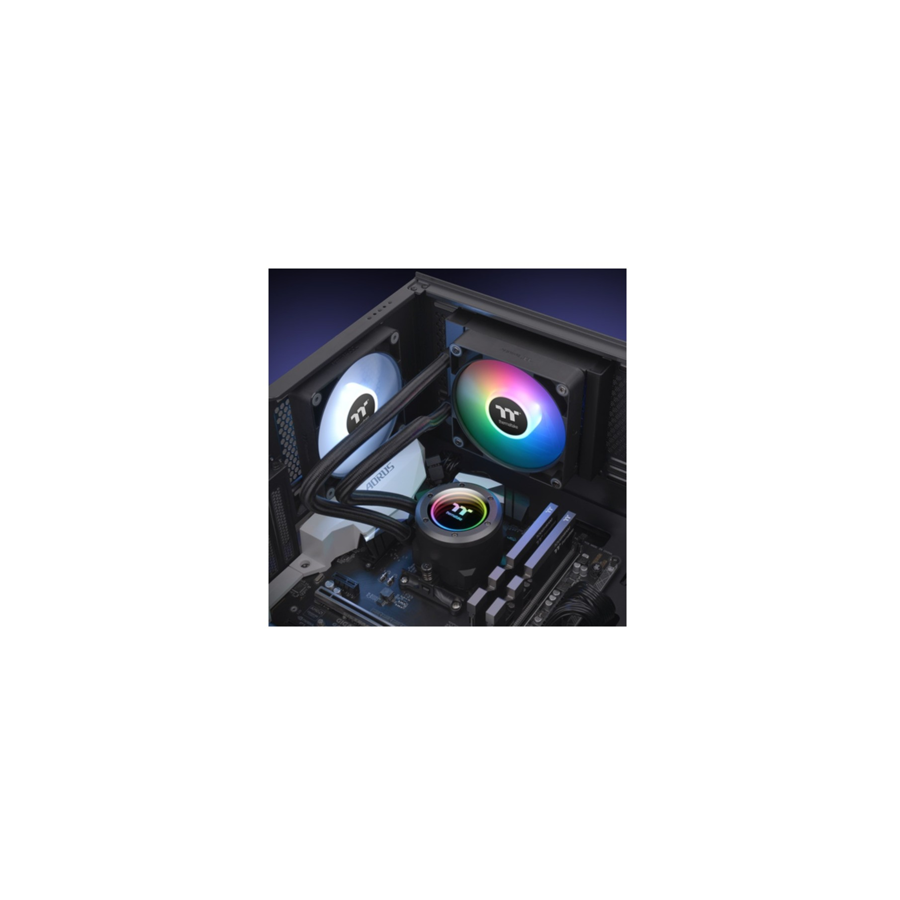 Un sistema de refrigeración de PC con dos ventiladores y una bomba central, mostrando luces de arcoíris y componentes internos.