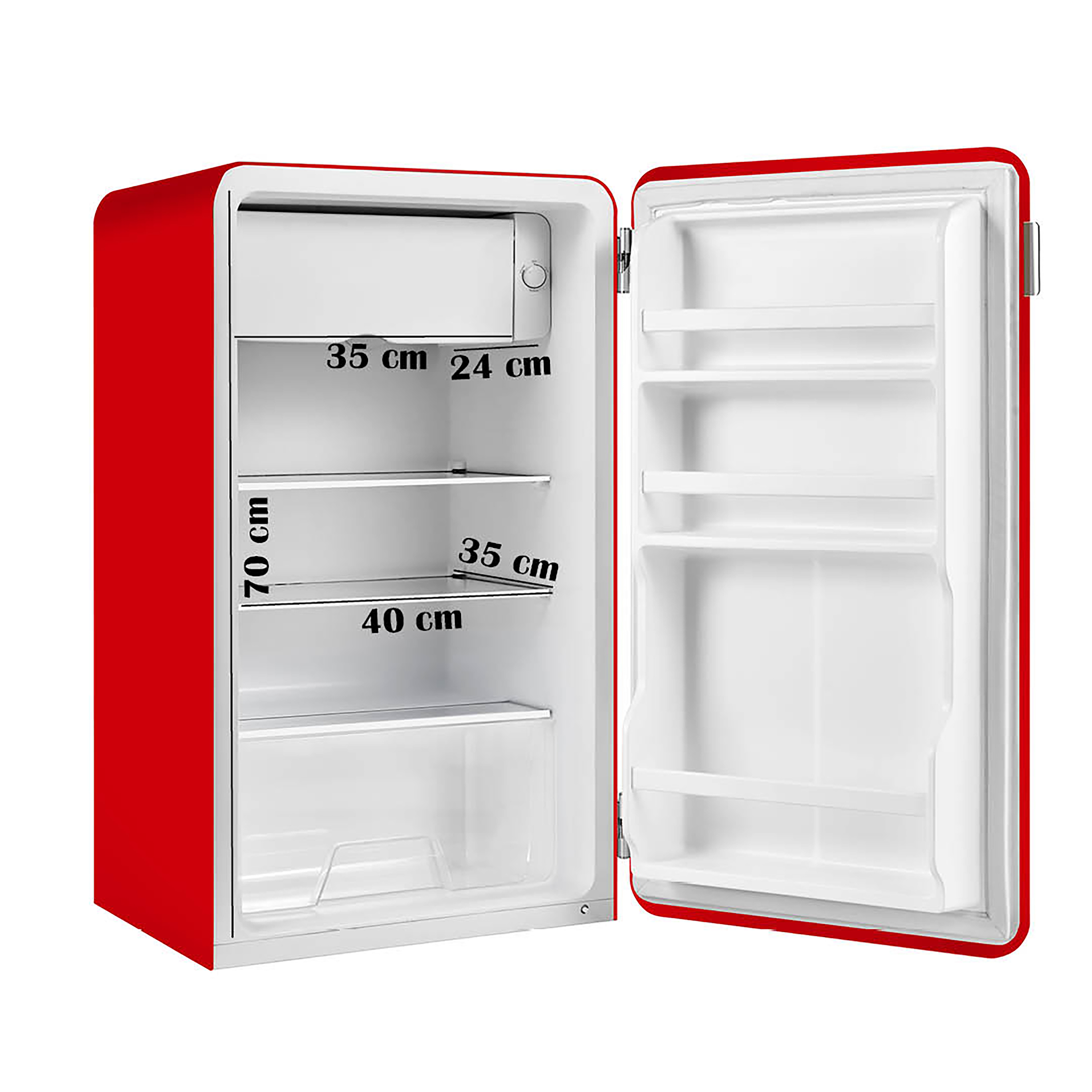 Rode mini-koelkast met open deur. Interieur toont planken en afmetingen: 70 cm hoog, 35 cm, 40 cm, 24 cm en 35 cm breed.