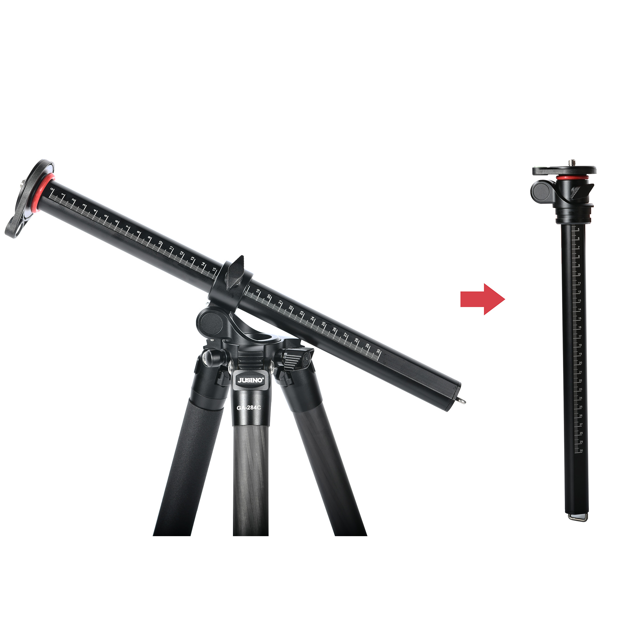 Schwarzes Stativ mit verstellbarem Arm, der die Verlängerung zeigt. Rechts: abgetrennter Arm mit Markierungen. Pfeil.