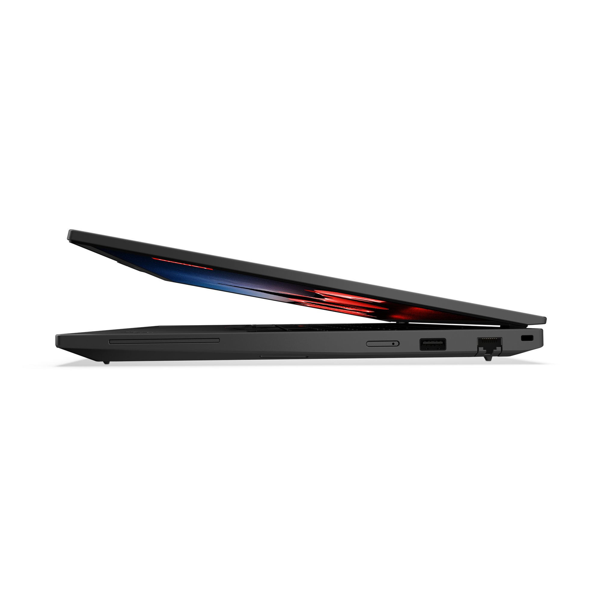 Laptop nero, vista laterale, parzialmente aperto, che mostra l'interno dello schermo.