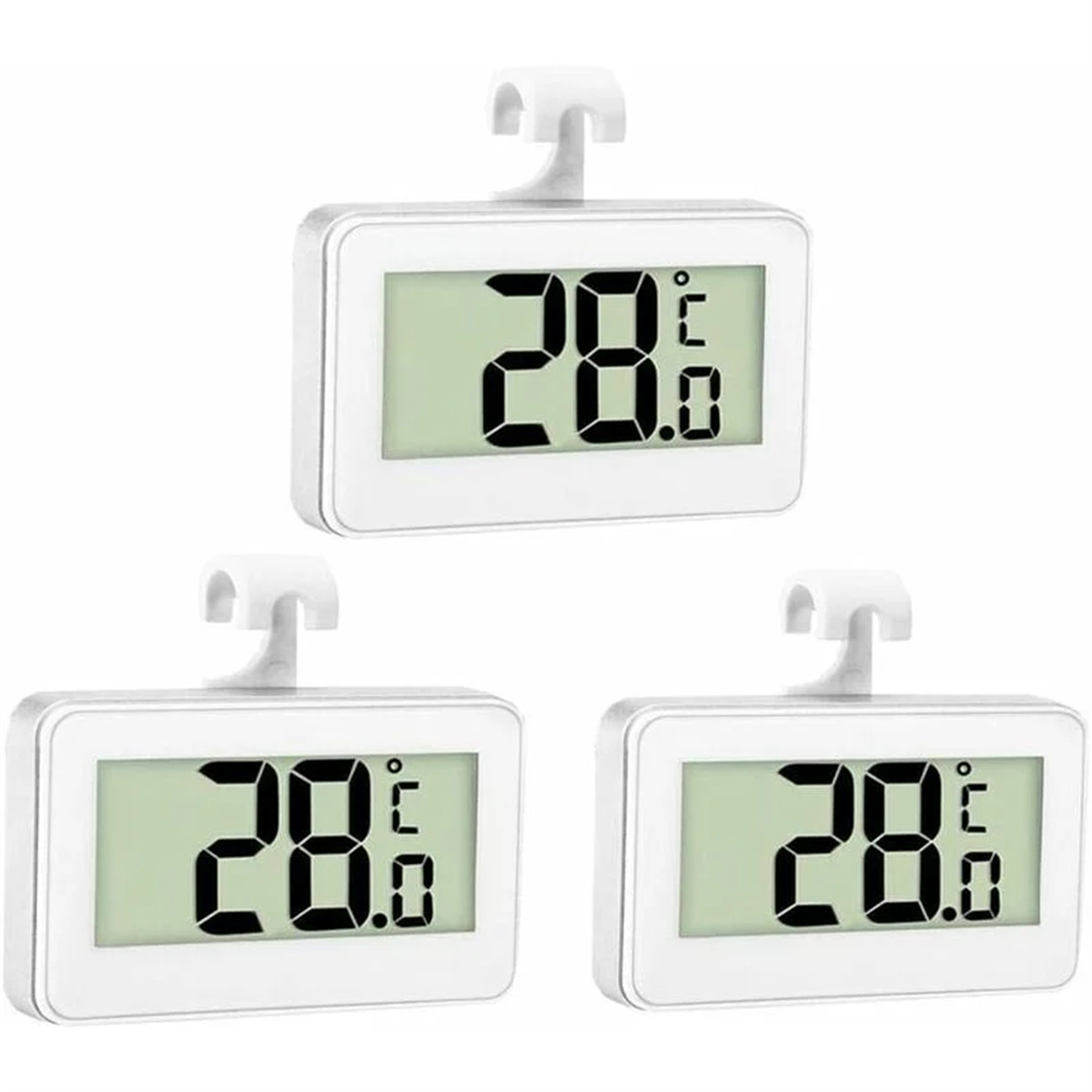 Drei weiße Digitalthermometer, die jeweils 28,0°C anzeigen, mit Haken.