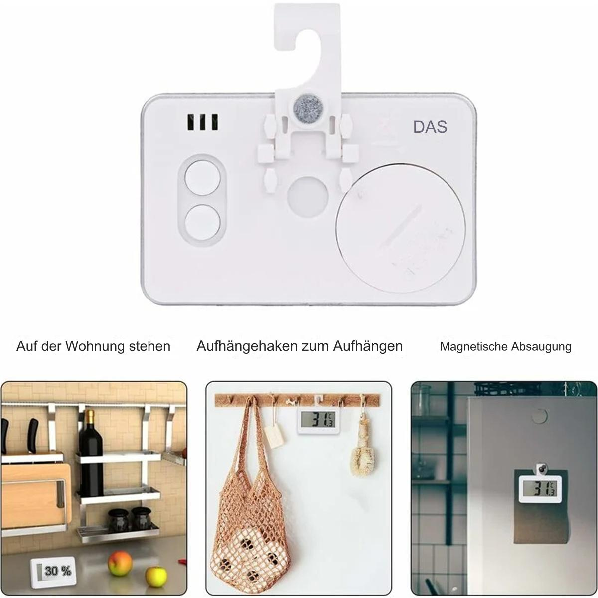 Weißer digitaler Timer mit Aufhängehaken und drei kleinere Bilder darunter, die Anwendungsbeispiele zeigen.