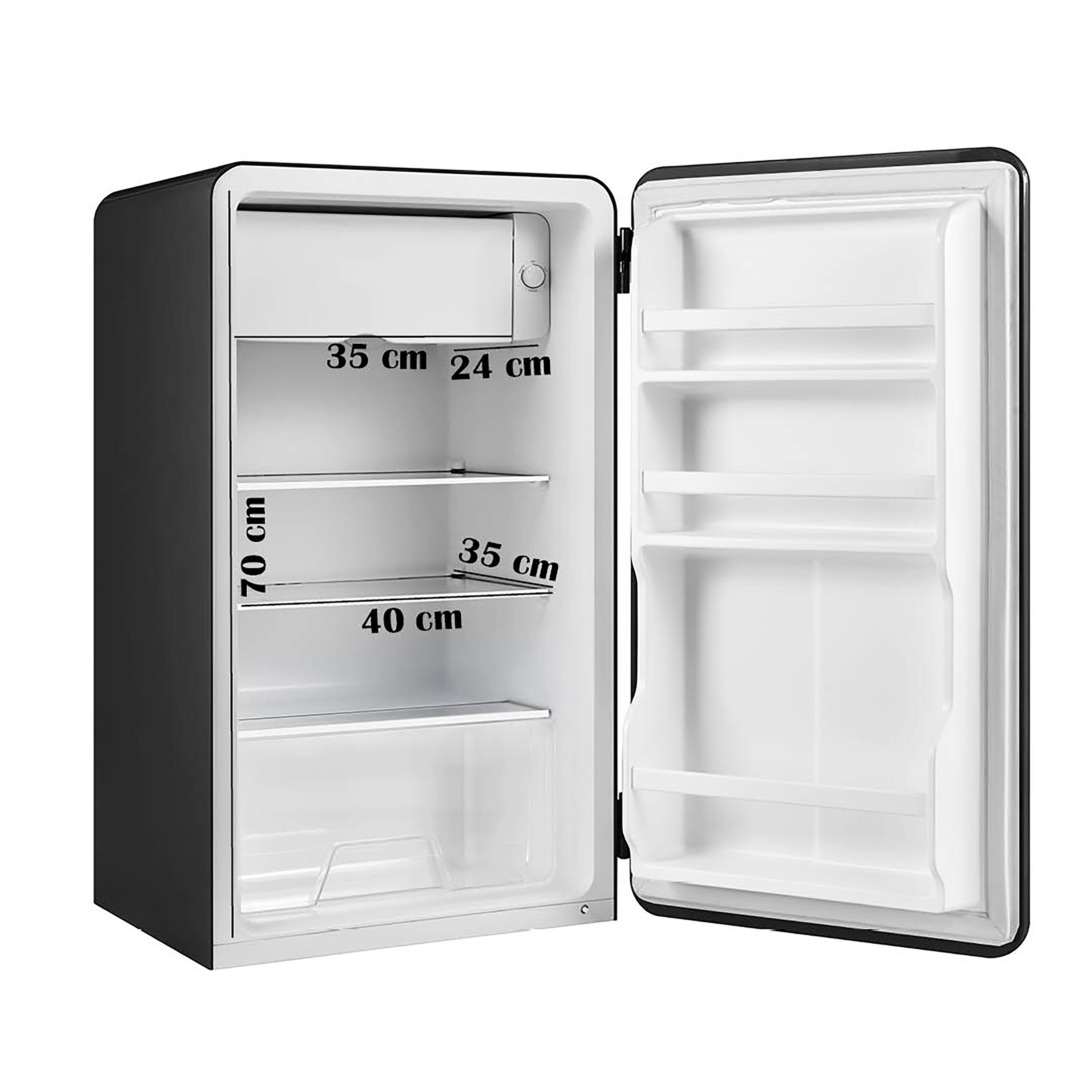 Mini-réfrigérateur noir et argenté avec porte ouverte, révélant les étagères et les dimensions intérieures en cm.