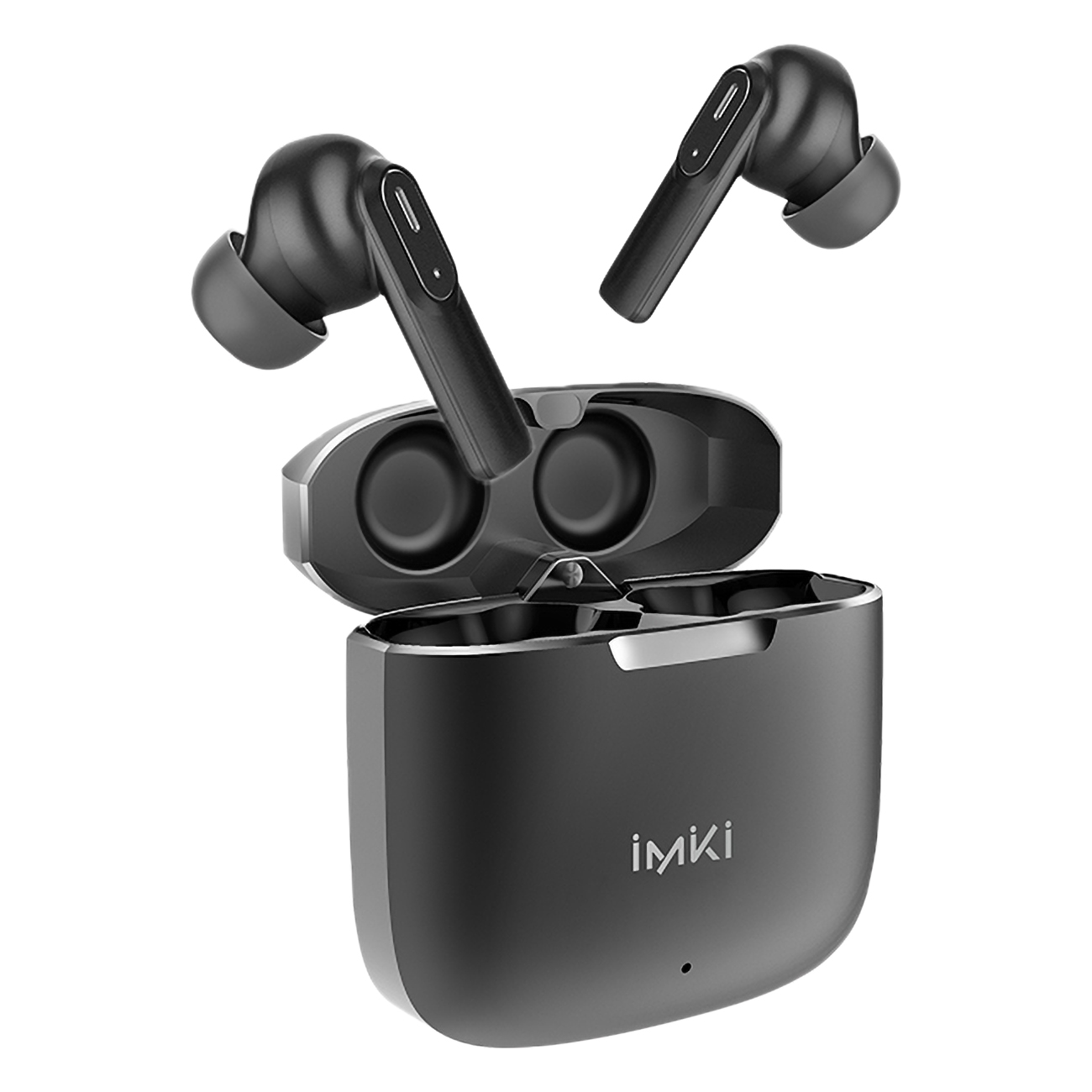 Set di auricolari wireless neri con custodia di ricarica. Gli auricolari sono sopra la custodia.