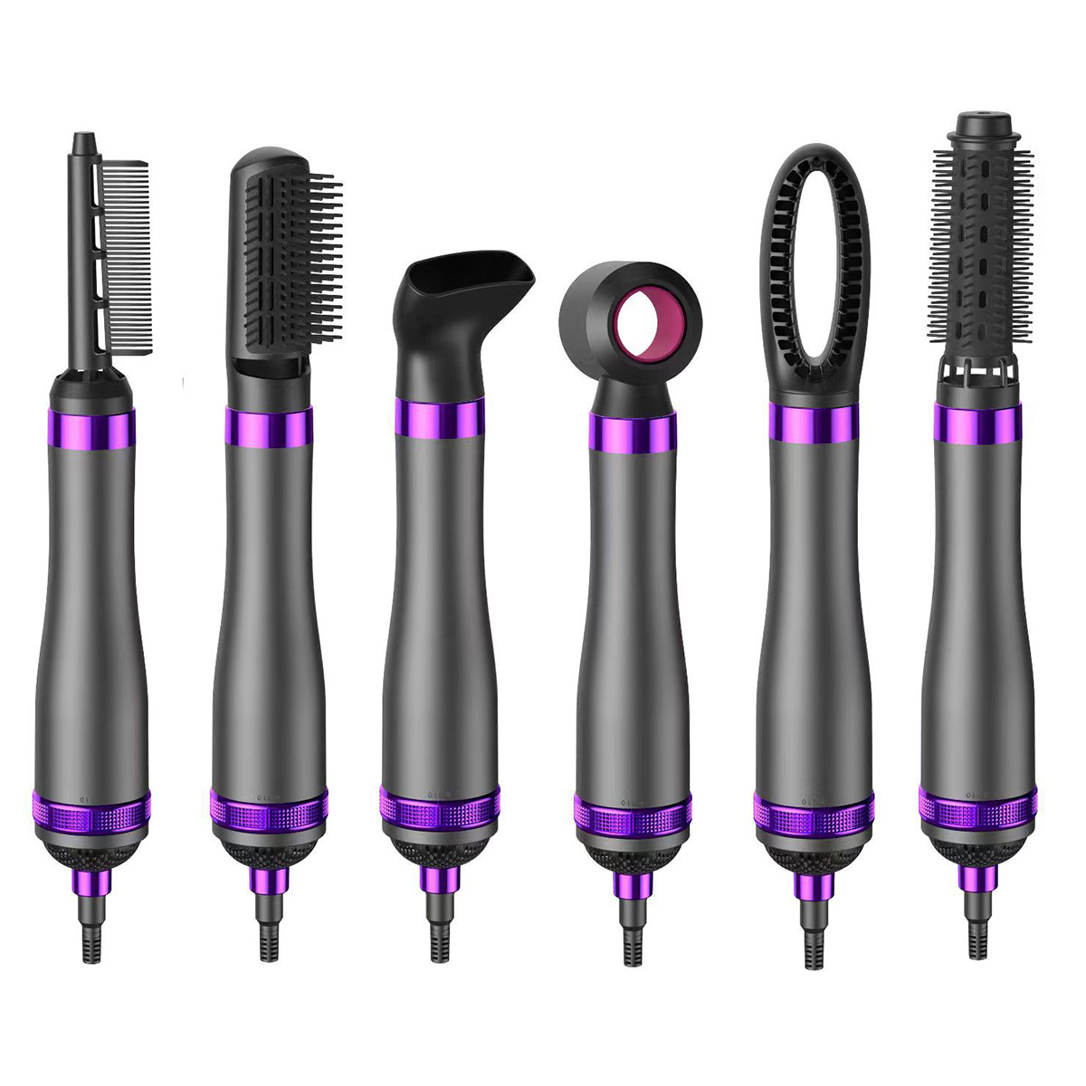 Sechs Aufsätze für Haarstyling, verschiedene Formen, grau und lila.