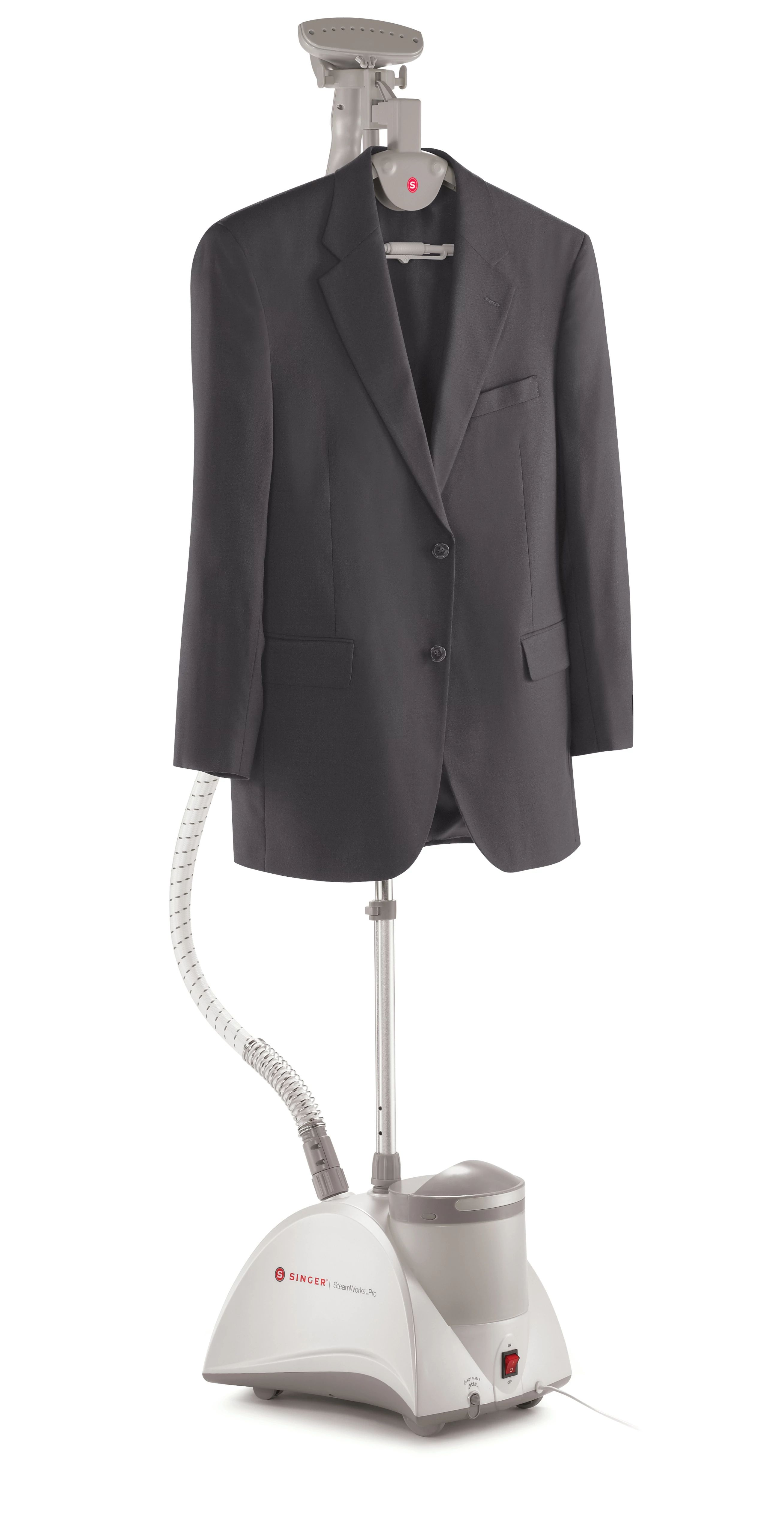 Standing clothes steamer with a black suit jacket hanging on the hanger, isolated against a white background.