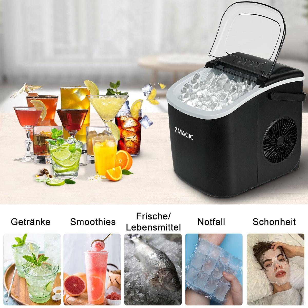 Eismaschine mit Getränken und Lebensmitteln. Etiketten: Getränke, Smoothies, frisch, Notfall, Schönheit.