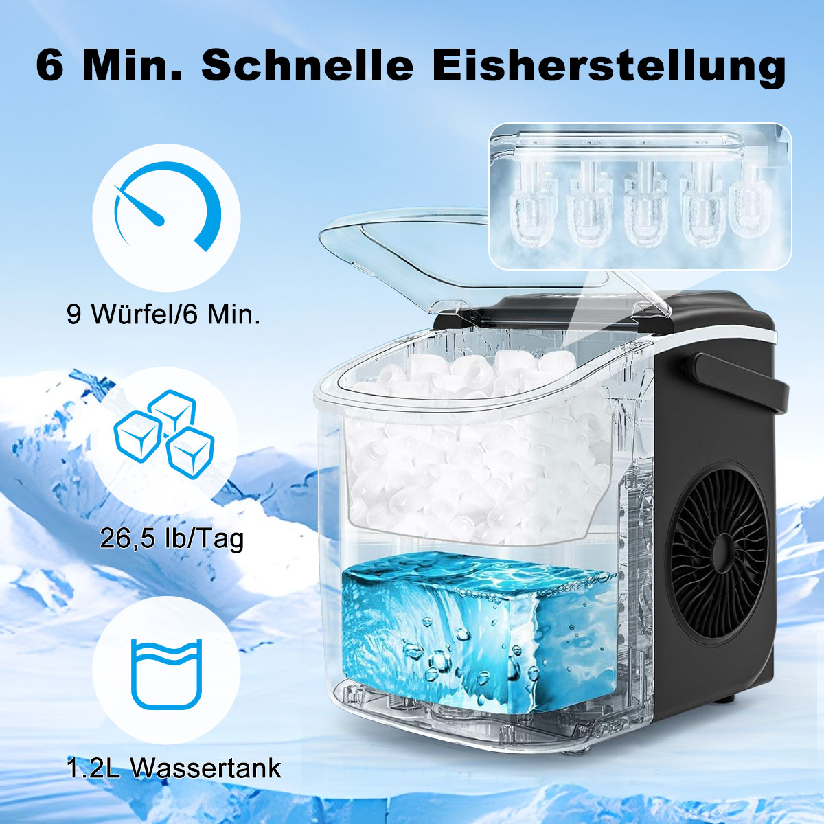 Ein Eisbereiter, der den Eisherstellungsprozess zeigt. Eiswürfel werden gezeigt.