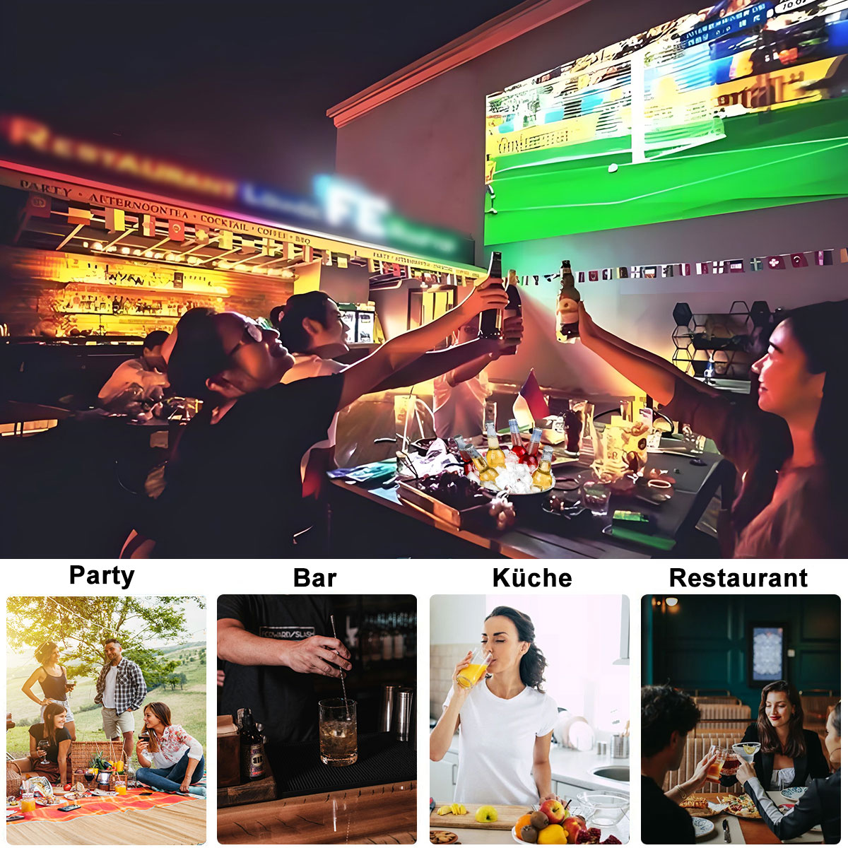 Leute in einer Bar schauen ein Spiel auf einem Bildschirm, heben Bierflaschen.