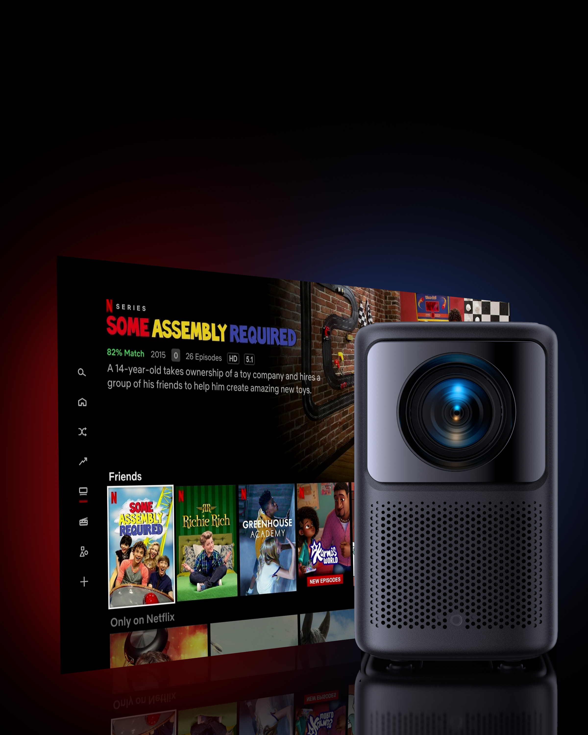 Czarny projektor wyświetlający ekran filmu z interfejsem Netflix i filmem 'Some Assembly Required'.