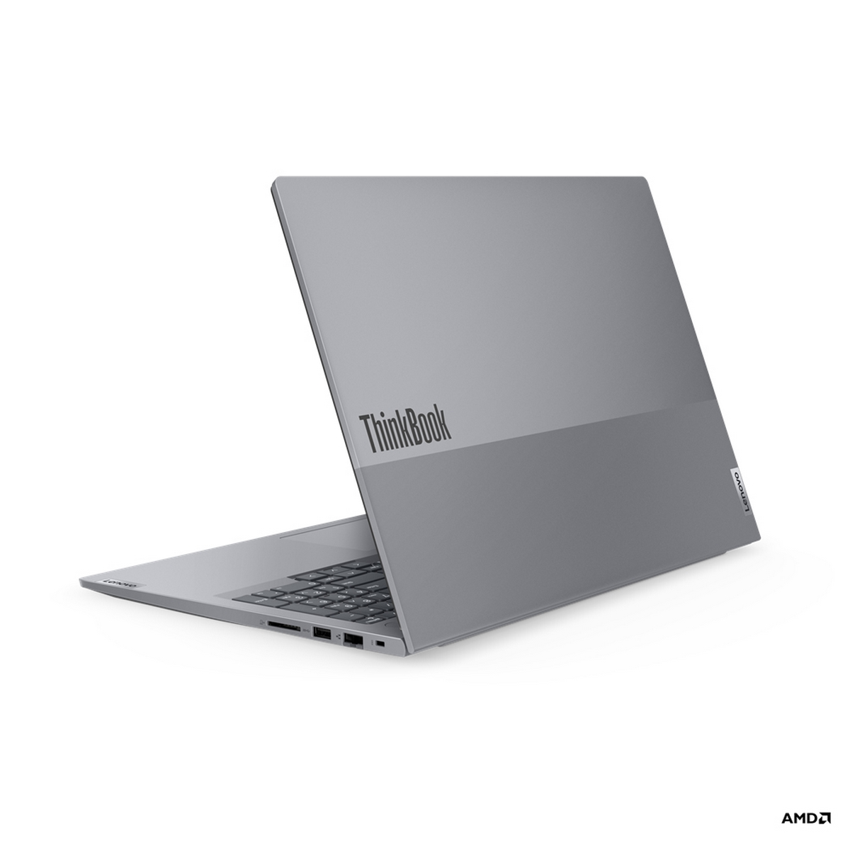 Un computer portatile grigio con il logo ThinkBook sul coperchio.