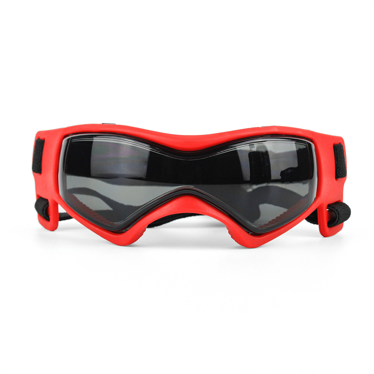 Rote Hundebrille mit schwarzem Rahmen und getönten Gläsern. Die Brille hat verstellbare Riemen.