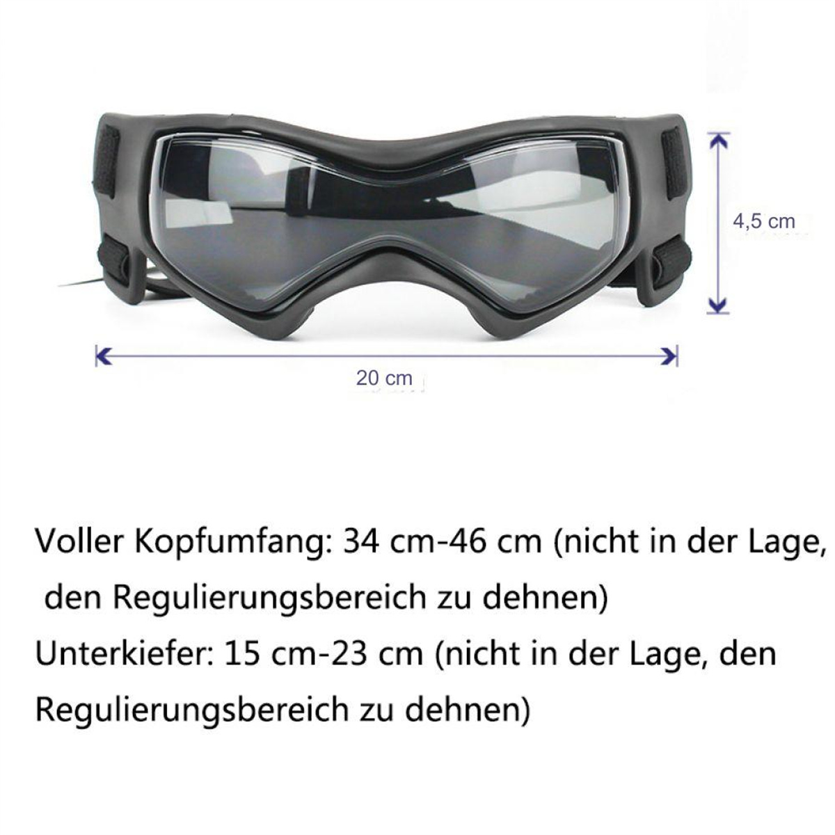 Schwarze Motorradbrille mit Maßen: 20 cm Breite, 4,5 cm Höhe. Angaben zu Kopf- und Kieferumfang.