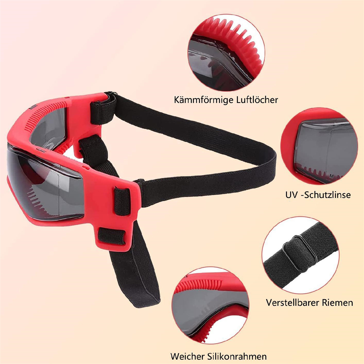 Nahaufnahme einer roten Hundebrille mit schwarzem Riemen und Produktdetails.