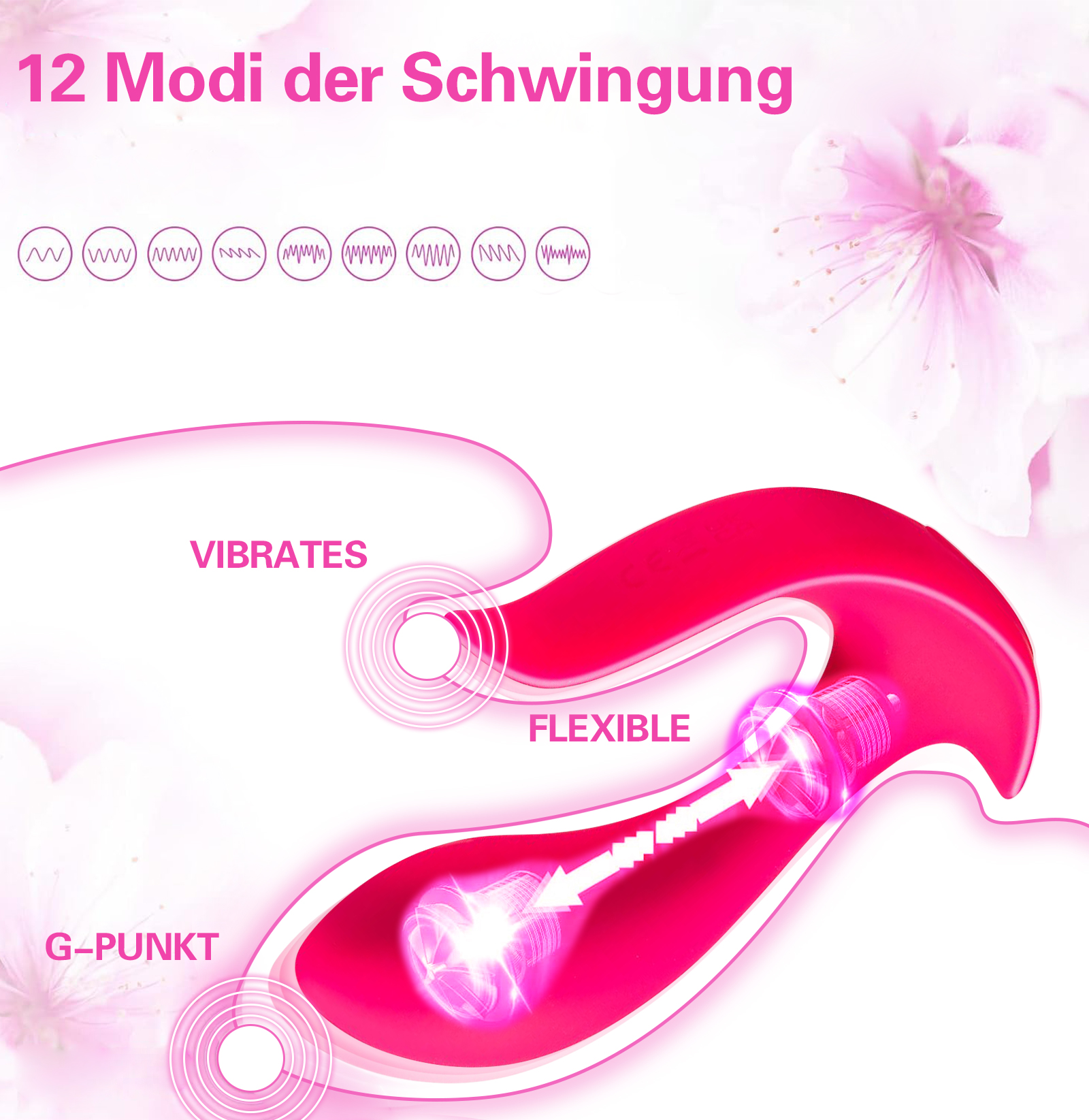 Rosa Sexspielzeug. Das Bild zeigt einen Vibrator mit Etiketten, darunter 'Vibrates' und 'Flexible'.