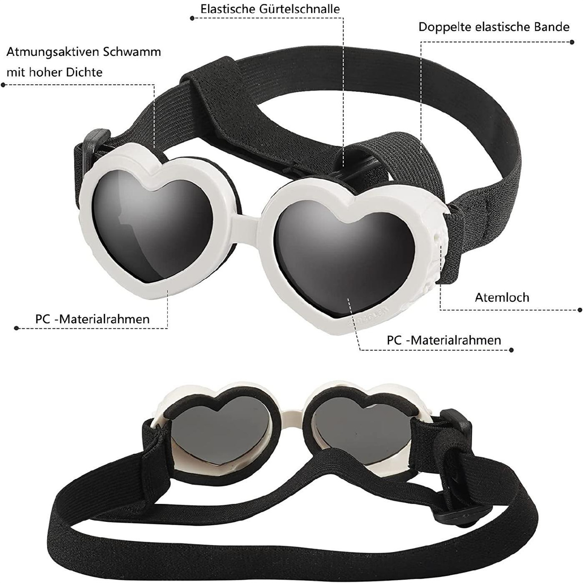 Hundebrille, weiße herzförmige Rahmen, schwarze Gläser und Riemen.