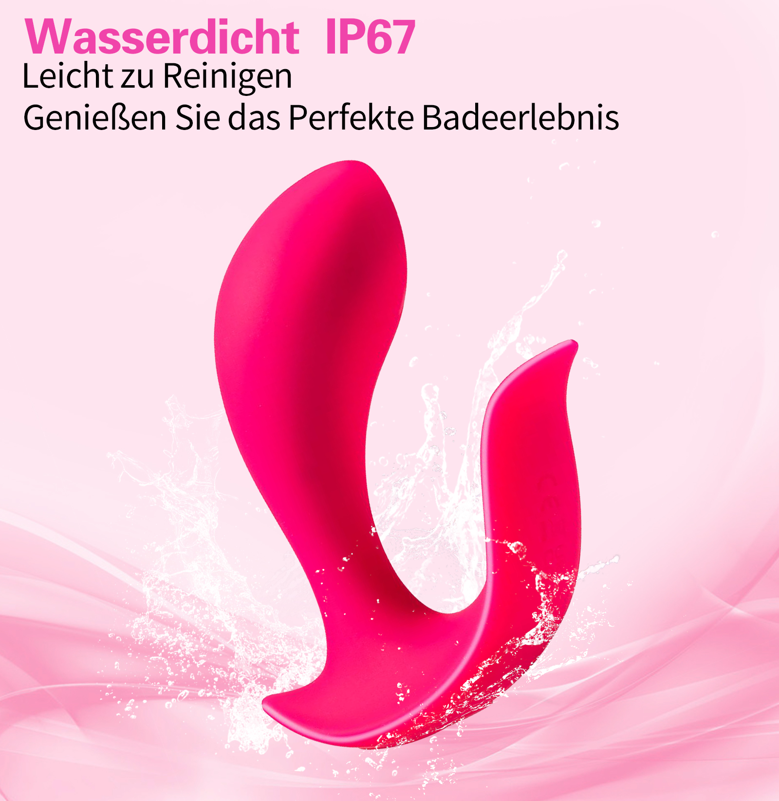 Rosa Sexspielzeug mit Text auf Deutsch über wasserdicht und einfache Reinigung, auf pinkem Grund.