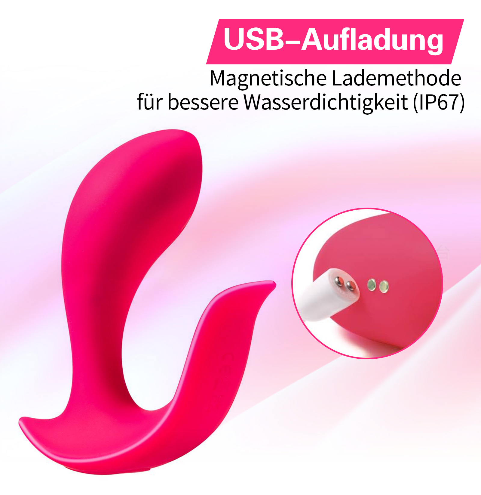 Ein rosa Sexspielzeug mit weißem Ladeanschluss, mit dem Text 'USB-Aufladung'.