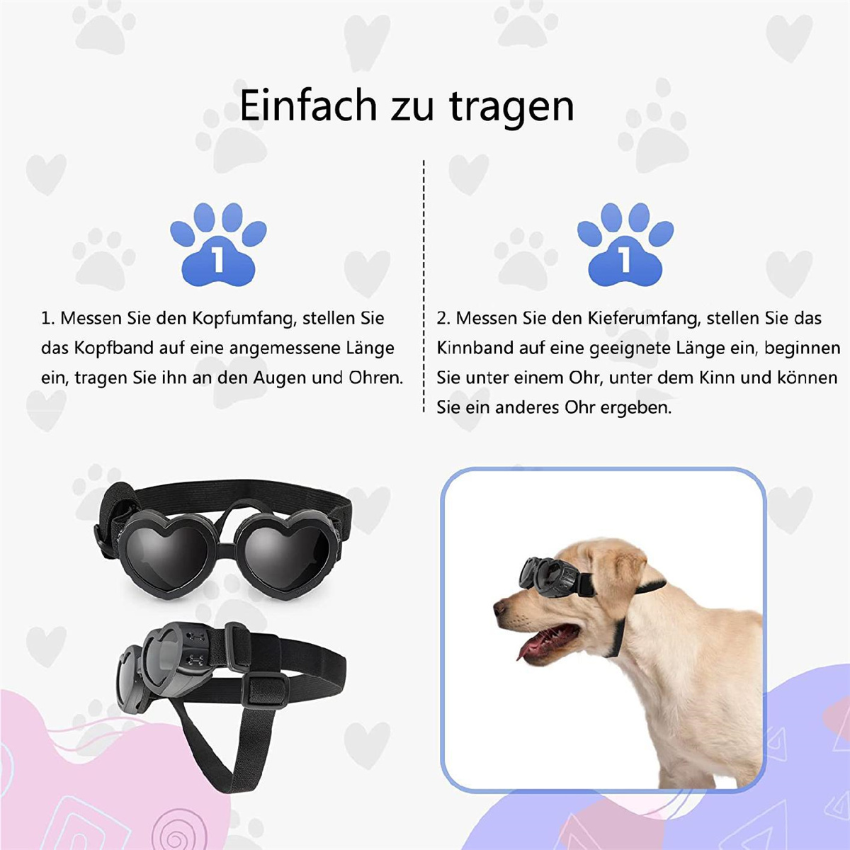 Anleitung zum Messen des Kopfes/Kiefers eines Hundes für Schutzbrillen, mit Brillen und Hund.