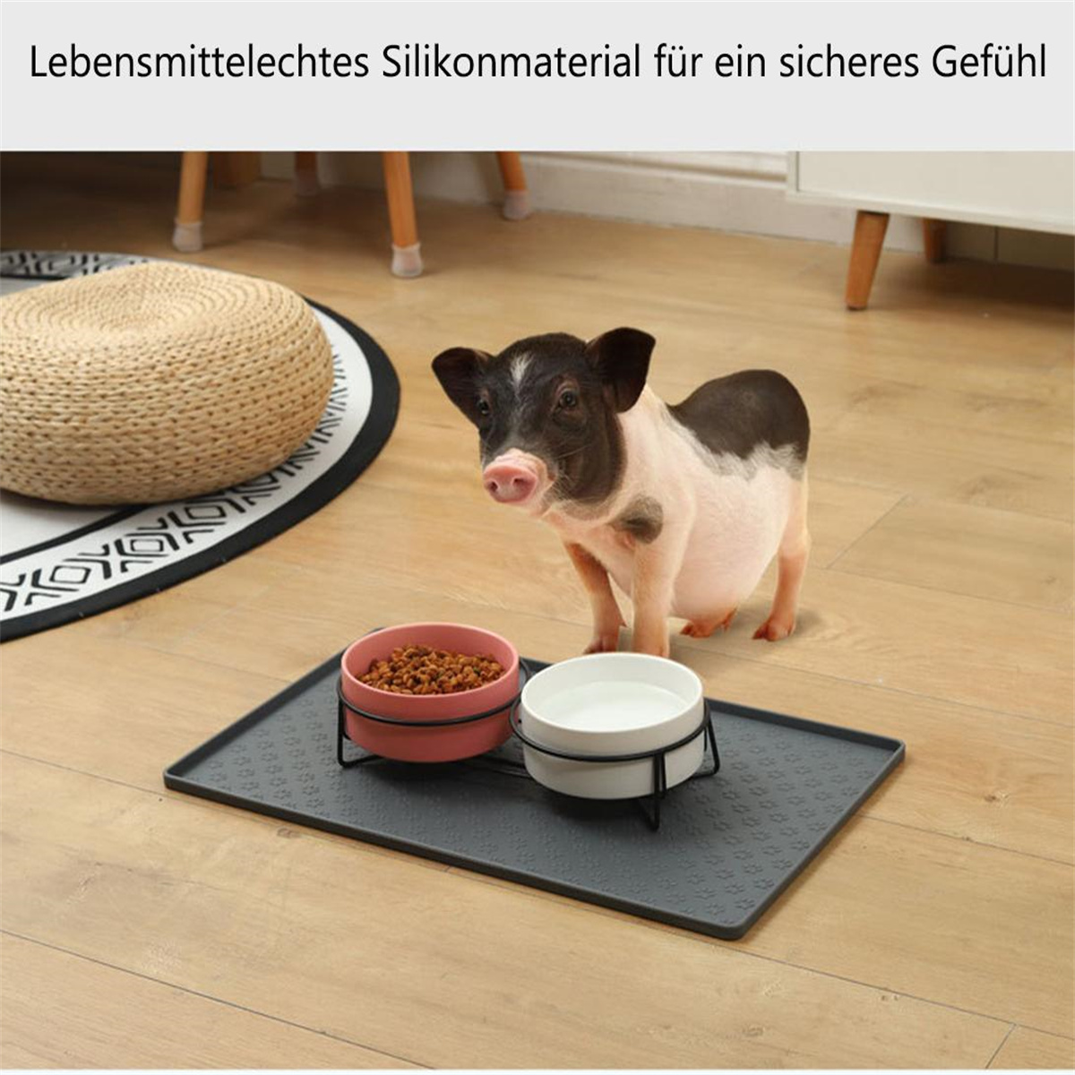 Ein Ferkel steht in der Nähe von Futternäpfen auf einer Matte. Im Hintergrund sind ein Teppich und Holzboden.