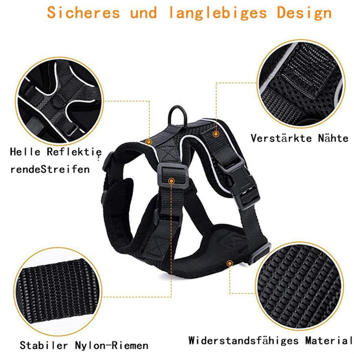 Schwarzes Hundegeschirr mit reflektierenden Streifen und mehreren beschrifteten Merkmalen.