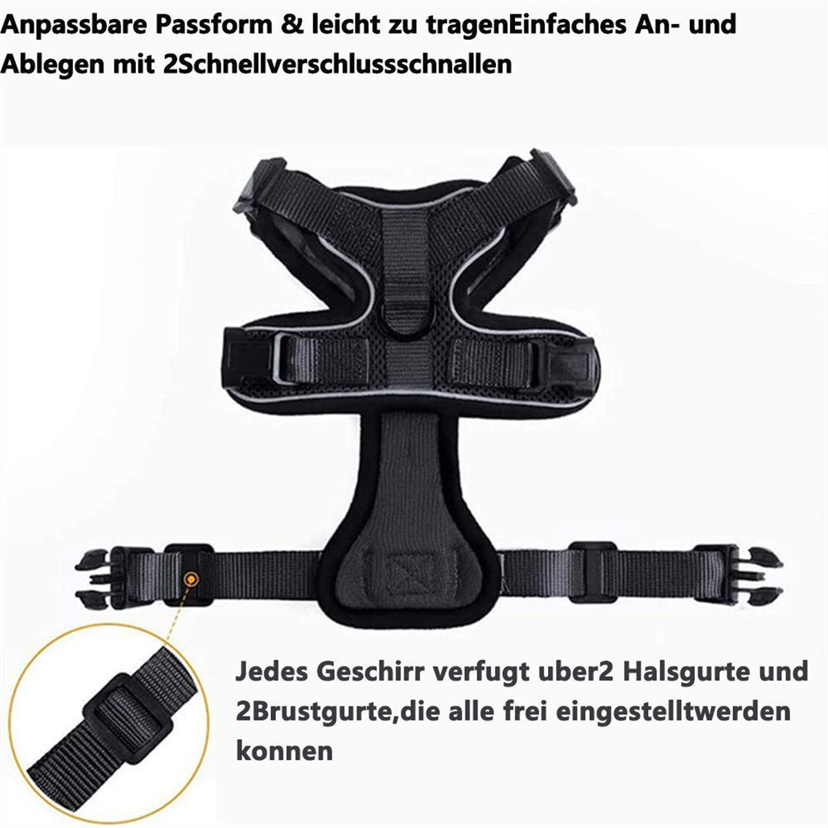 Ein schwarzes Hunde-Geschirr mit verstellbaren Riemen, Schnallen und reflektierendem Material.