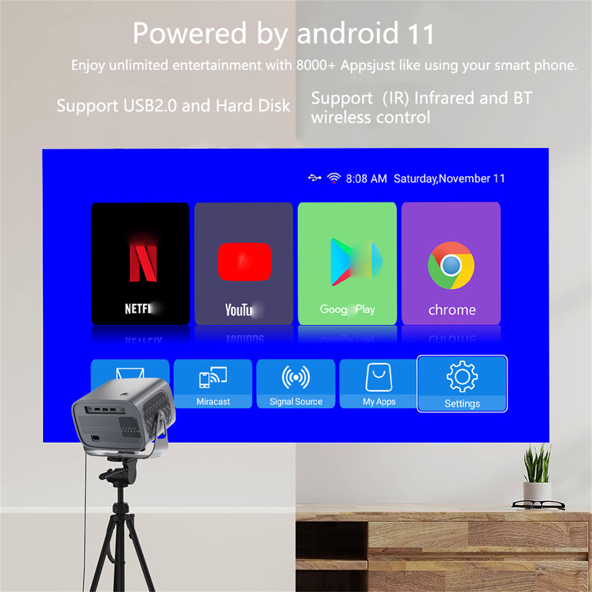 Projektor, der einen Bildschirm mit App-Symbolen anzeigt. Texte: 'Powered by Android 11', USB und drahtlose Steuerungsoptionen. Ein Holztisch.