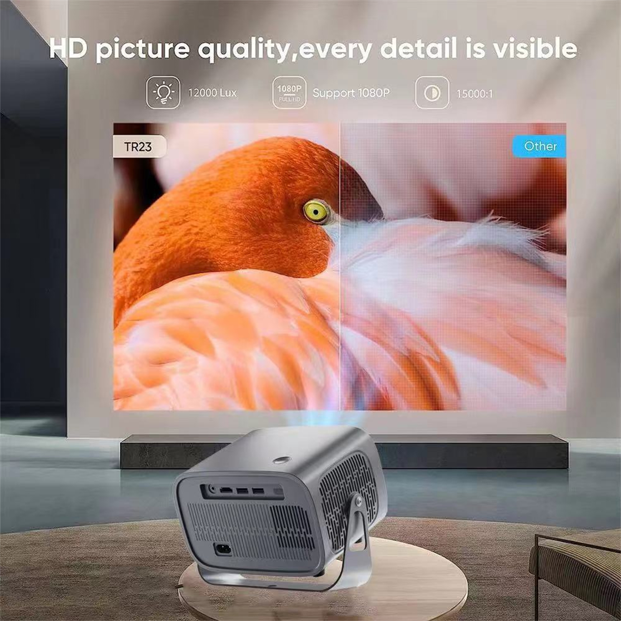 Ein Projektor auf einem Ständer zeigt ein Flamingo-Bild. Text zeigt 'HD-Bildqualität' und verwandte Merkmale.