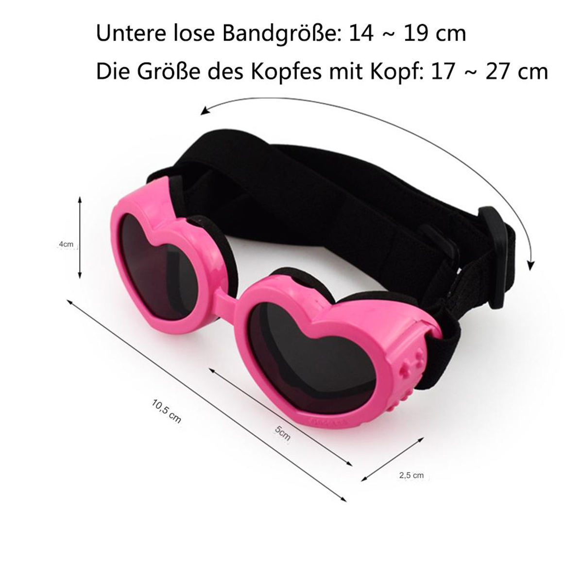 Rosa herzförmige Hundesonnenbrille mit Größenangaben. Die Brille hat ein schwarzes Band und Gläser.