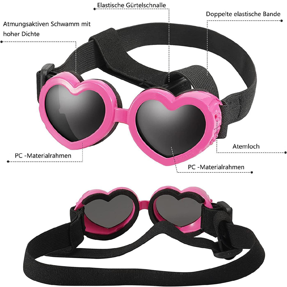 Rosa herzförmige Hundebrille mit schwarzem Band, detailliert mit Etiketten.