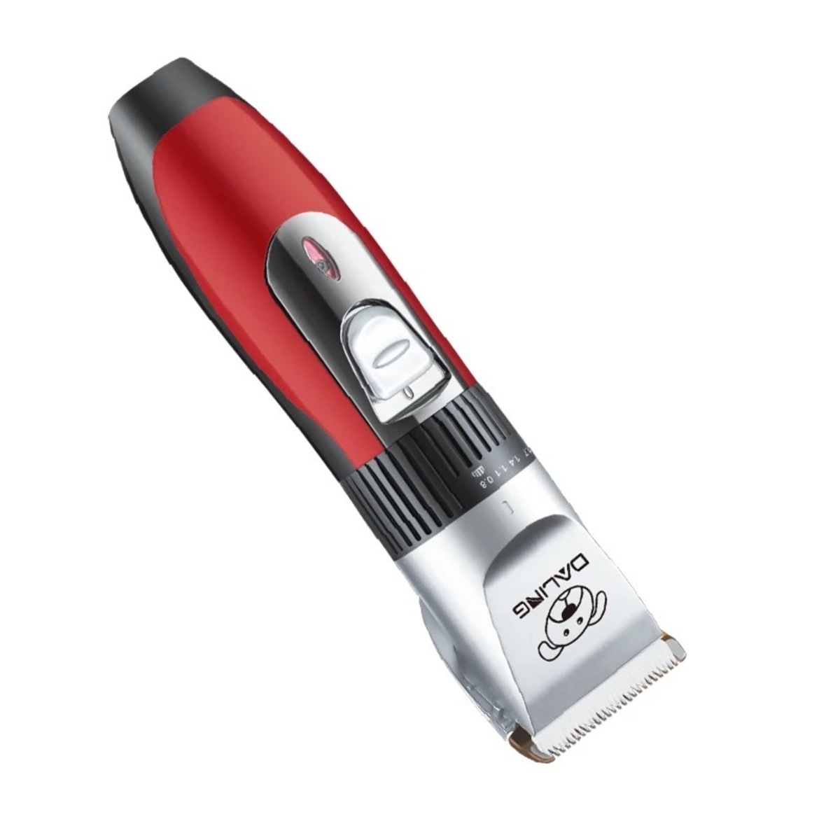 Eine rot-schwarze Haarschneidemaschine für Haustiere mit silberner Klinge und kleinem Logo.