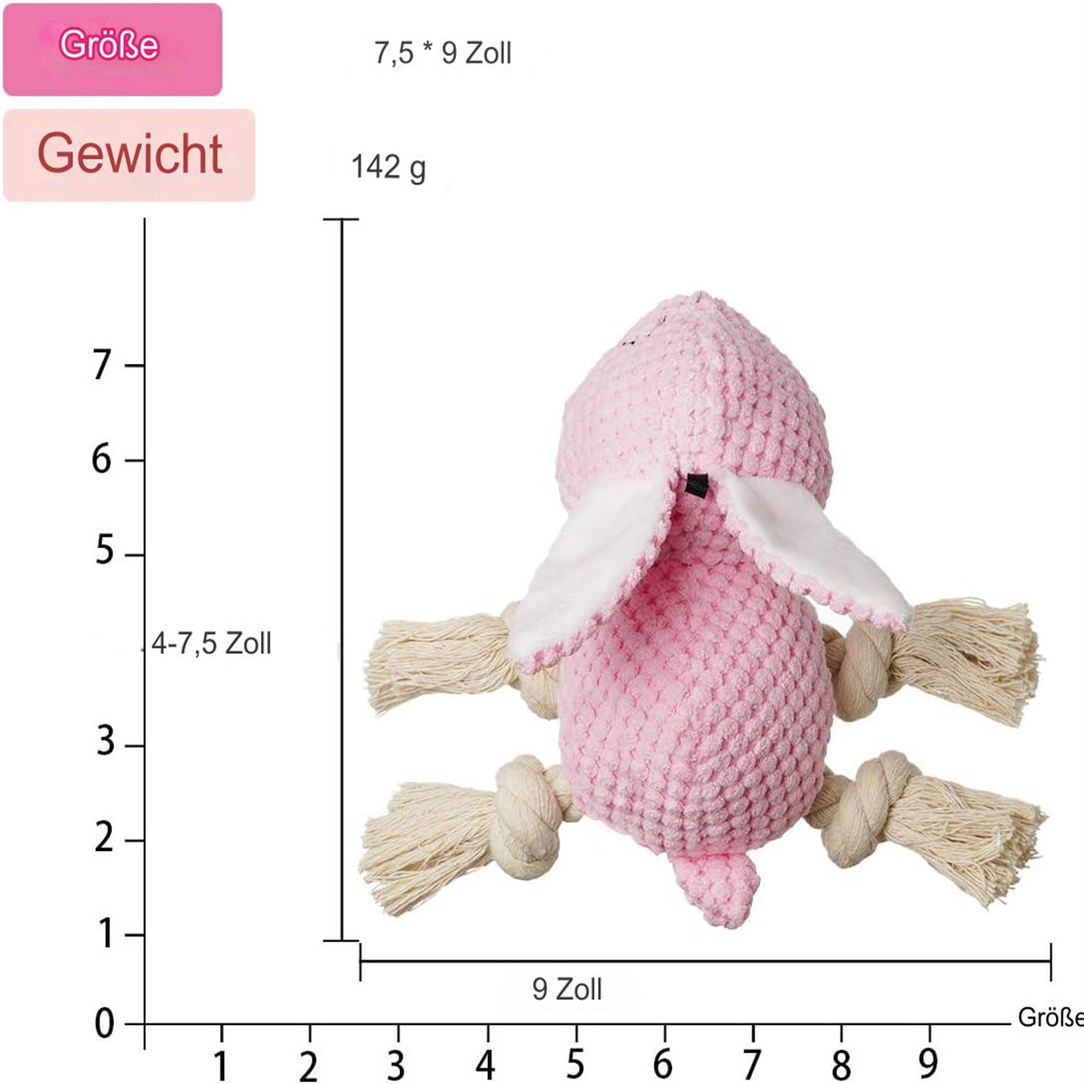 Rosa Spielzeugkaninchen mit Beinen aus Seil. Maße werden ebenfalls angezeigt. Weißer Hintergrund.