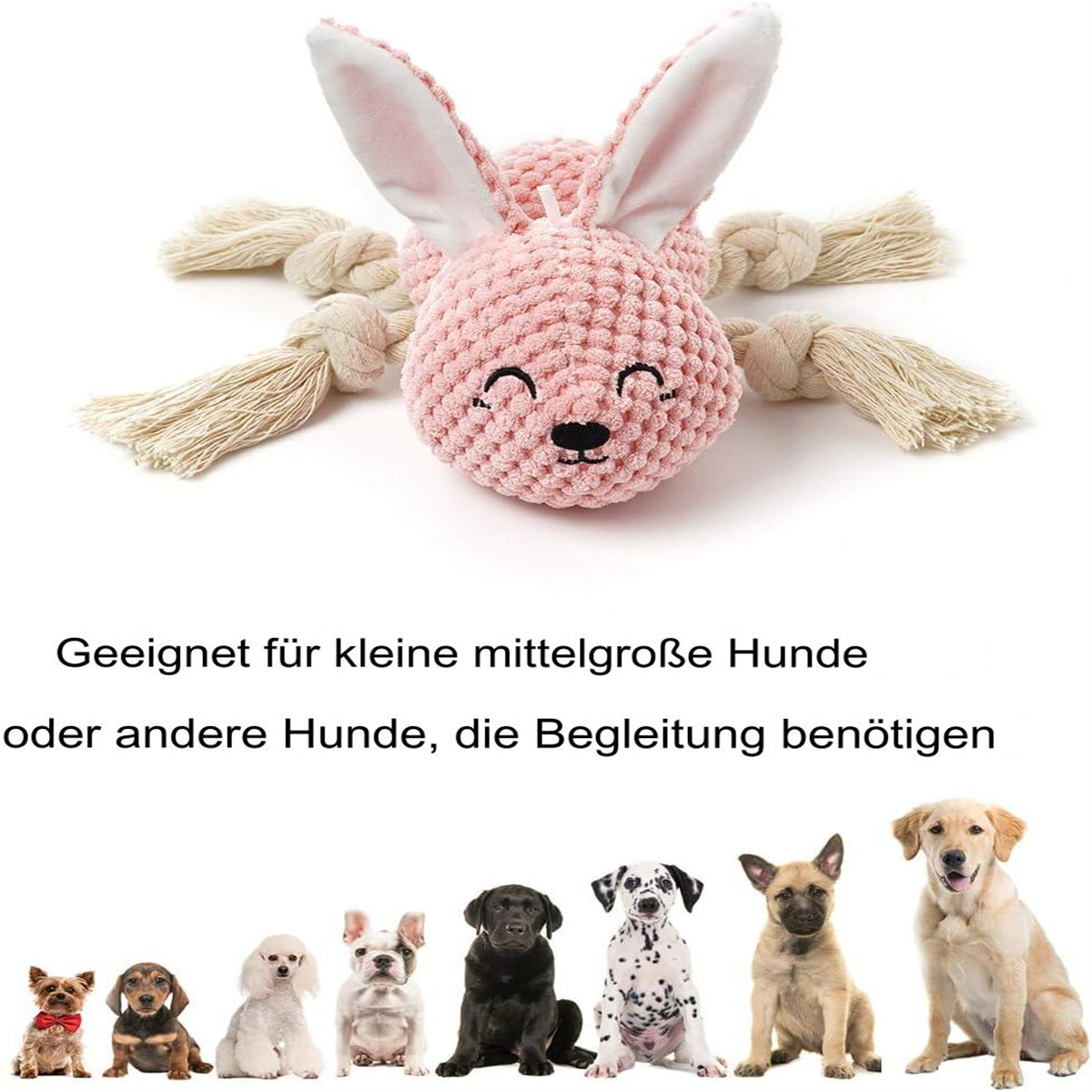 Ein pinkfarbenes Hundespielzeug in Kaninchenform, mit Hunden verschiedener Rassen darunter.